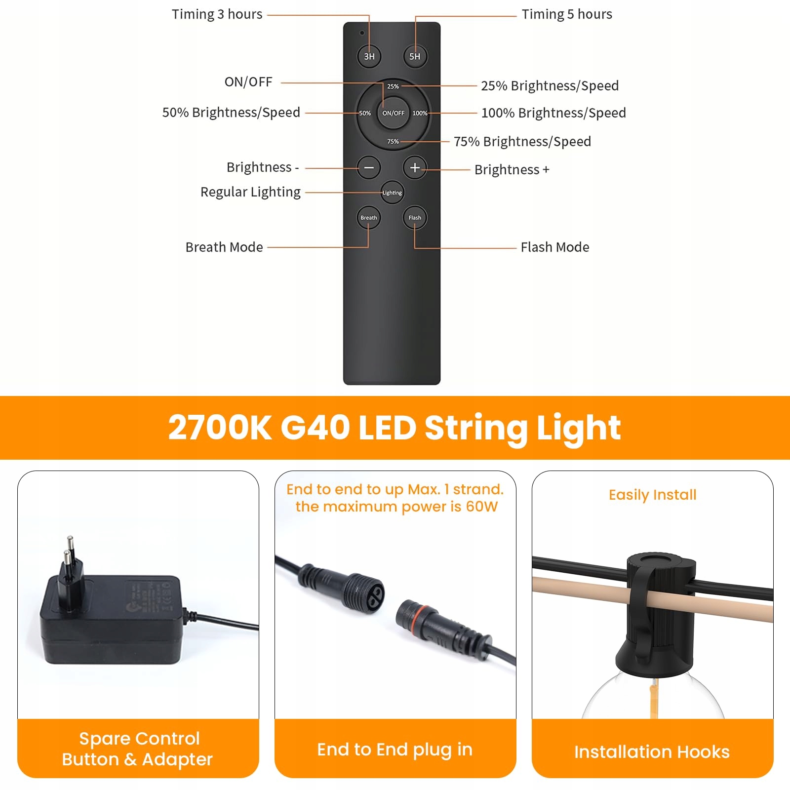 YUUCIO Lampki LED 45M Zewnętrzne Girlanda Na Pilot Żarówki Łańcuch — miniatura 5