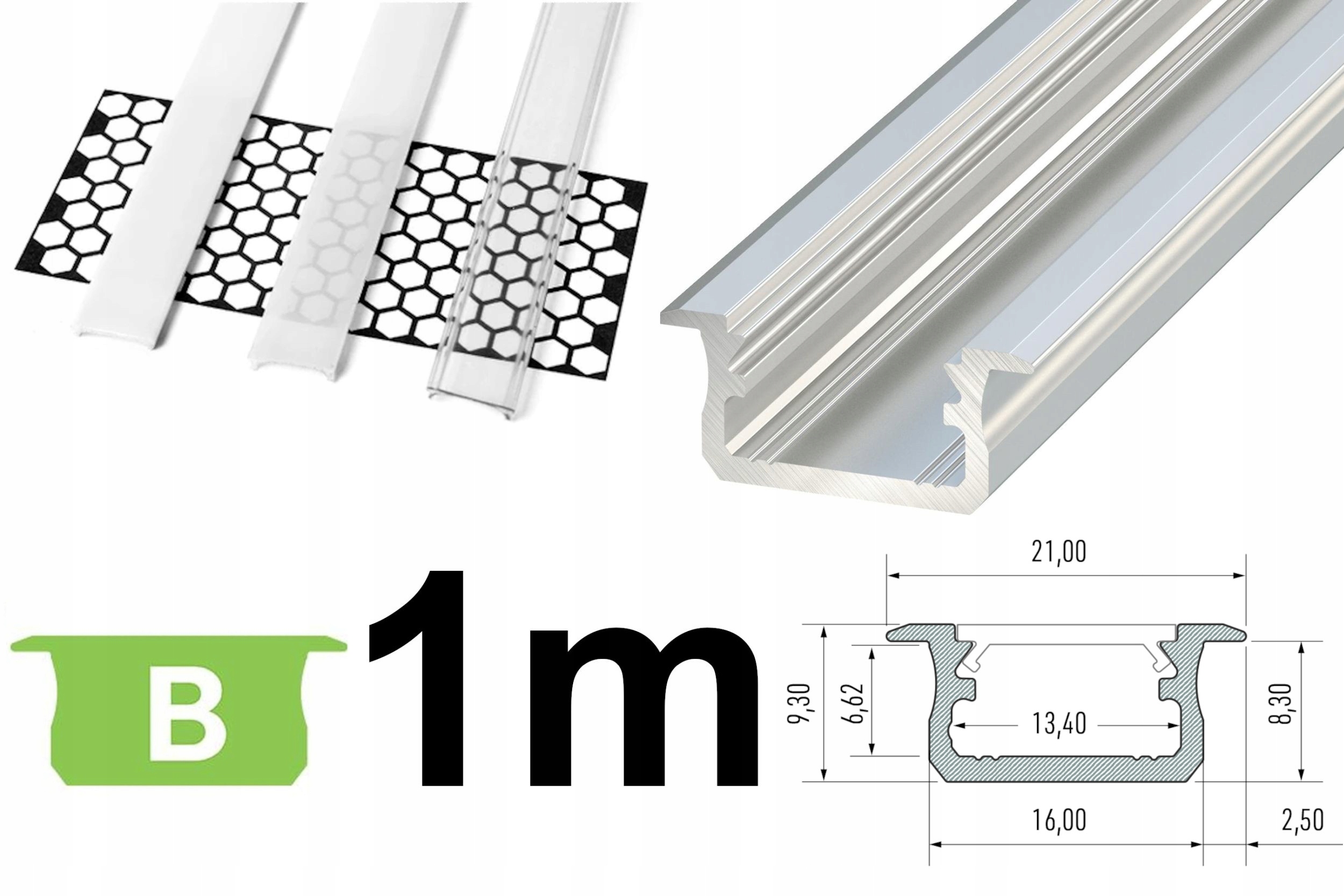 PROFIL LED SREBRNY aluminiowy wpuszczany 1m+KLOSZ