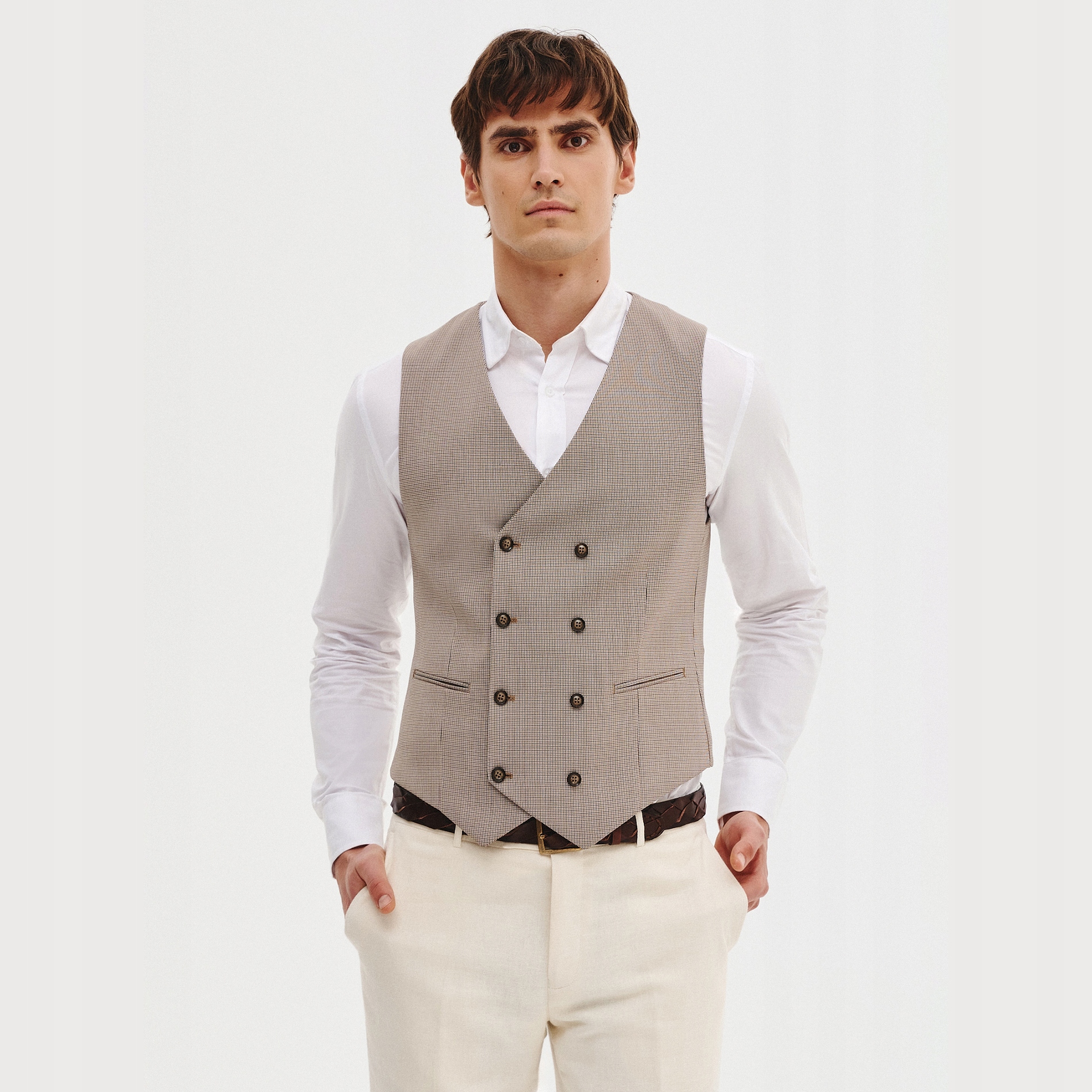 Dvouřadá béžová vesta pánská vesta s kostkovaným vzorem Pako Lorente vel