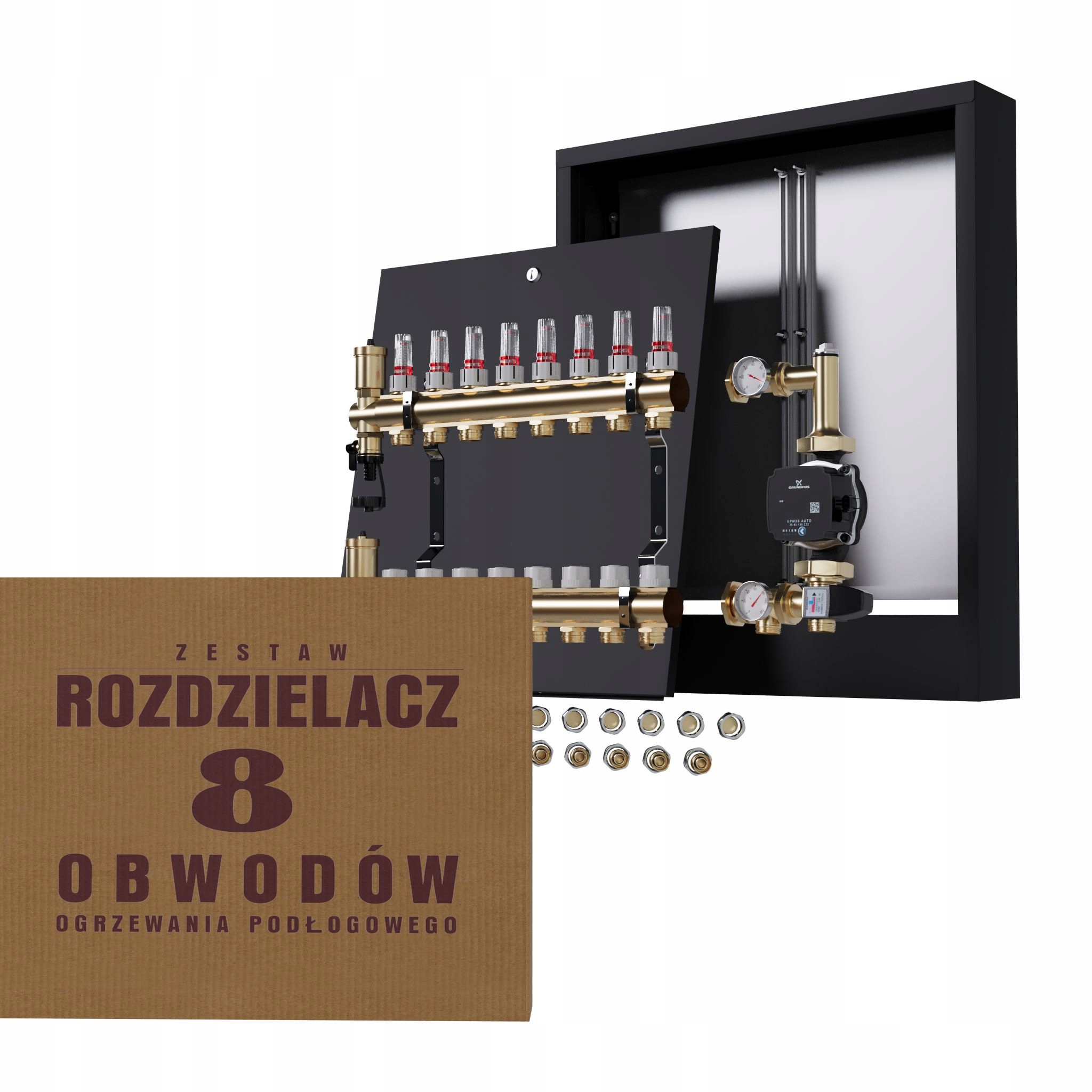 Rozdzielacz do podłogówki 8 z Złączkami pompa Grundfos natynkowa czarna