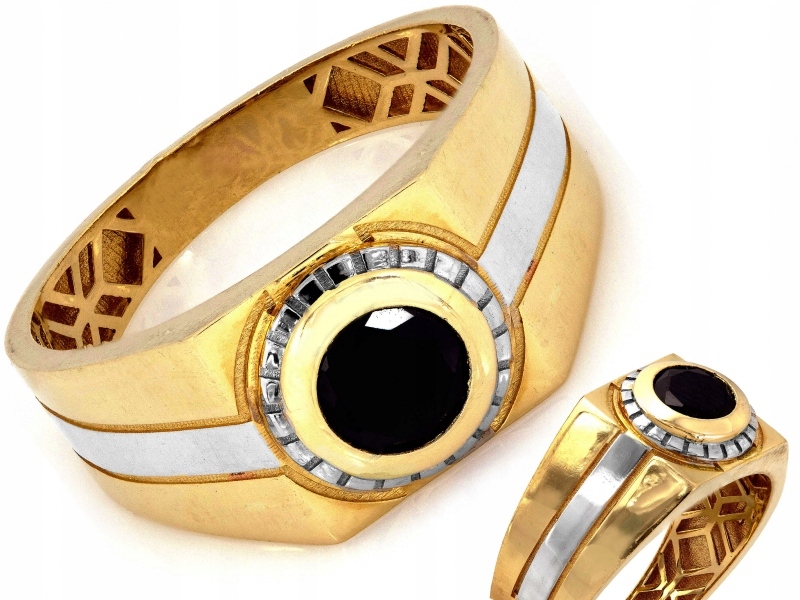 Signet bílé a žluté zlato 585 14kt vzor zdobený černým očkem R26 5.20g