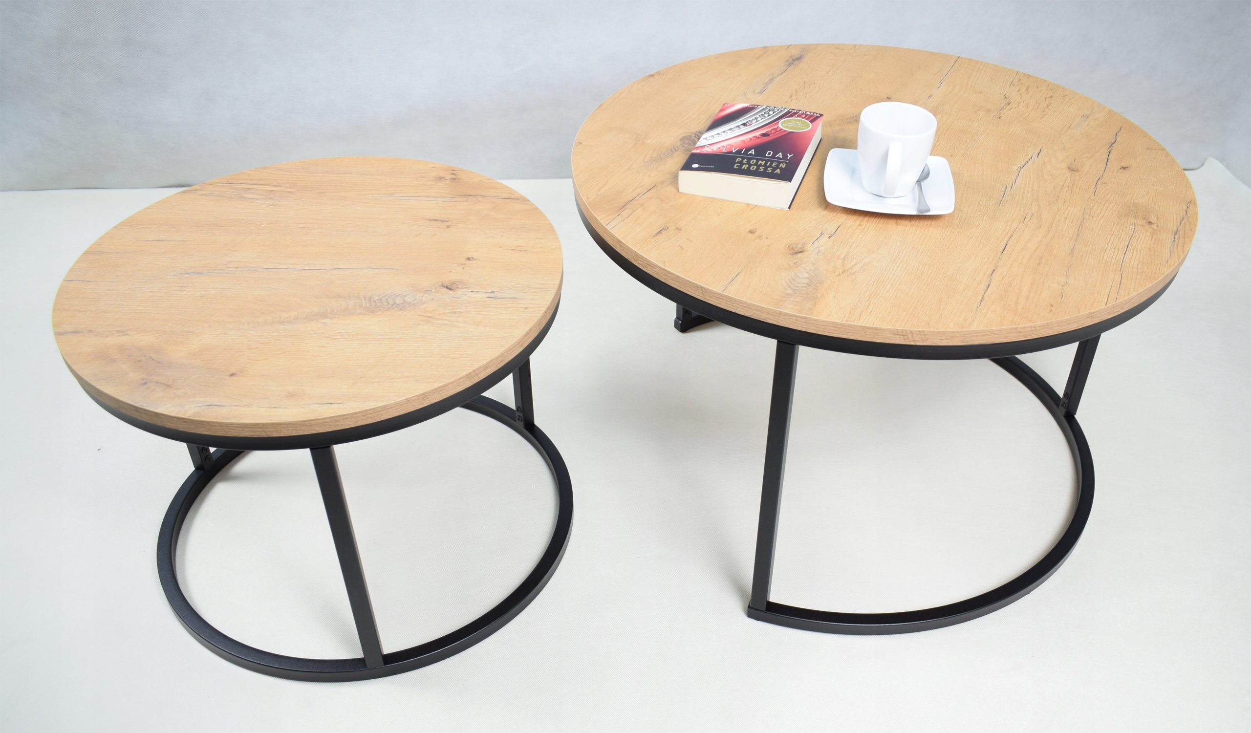 Zestaw Stolik Kawowych 2w1 Salon Industrial Metal Czarny+Dąb Lancelot Kolekcja Stoliki Skręcane z Profili