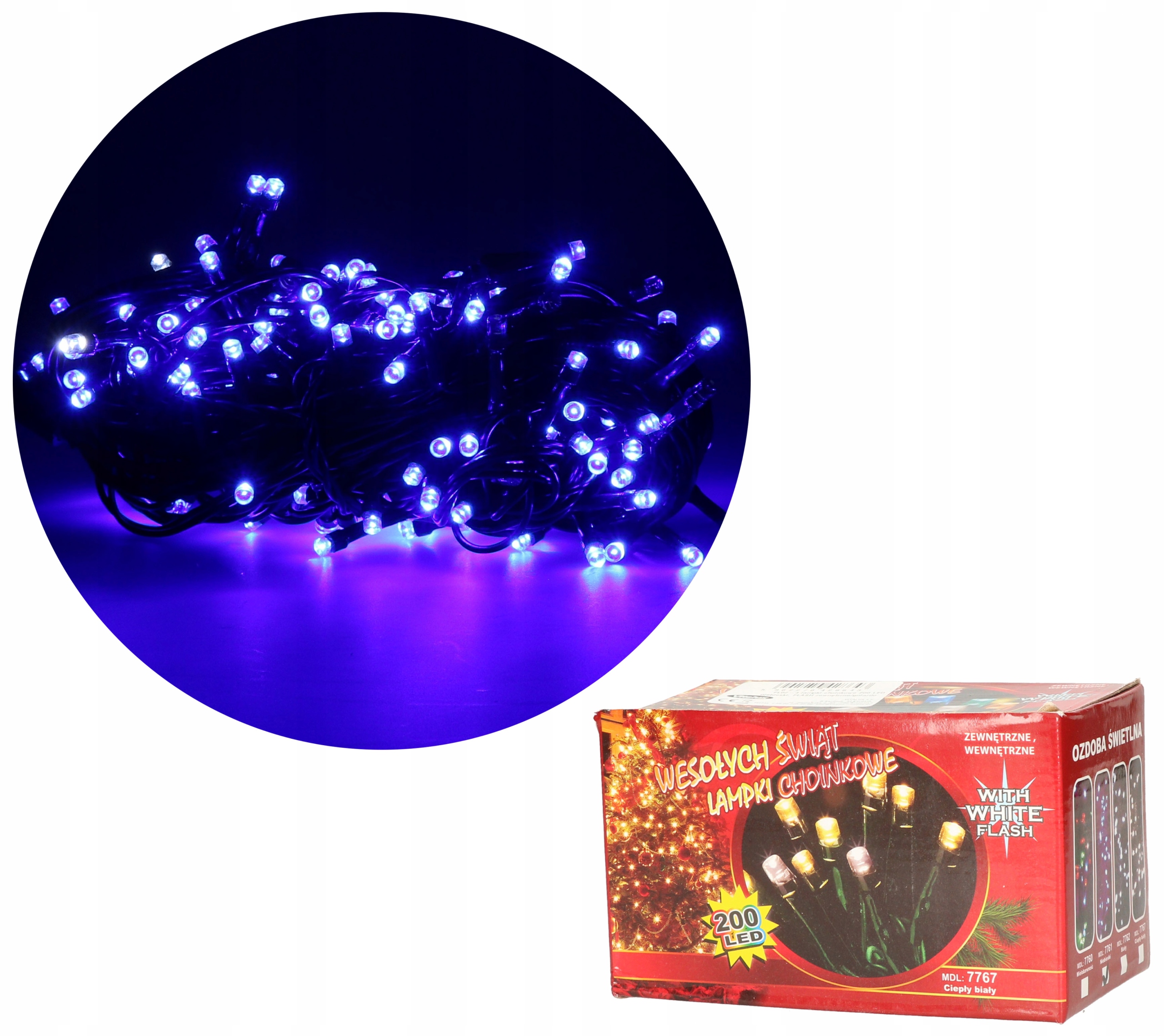 Lampki choinkowe 200LED niebieskie + flash 15m zew