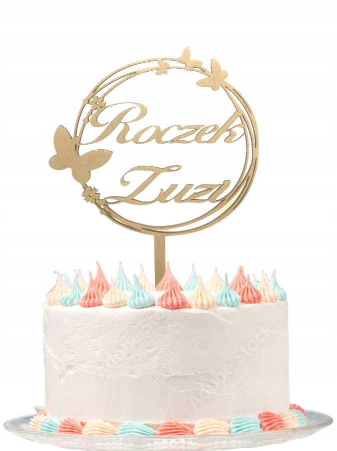 TOPPER NA TORT ROCZEK MOTYLEK DOWOLNE IMIE SKLEJKA KOLOR DREWNIANY