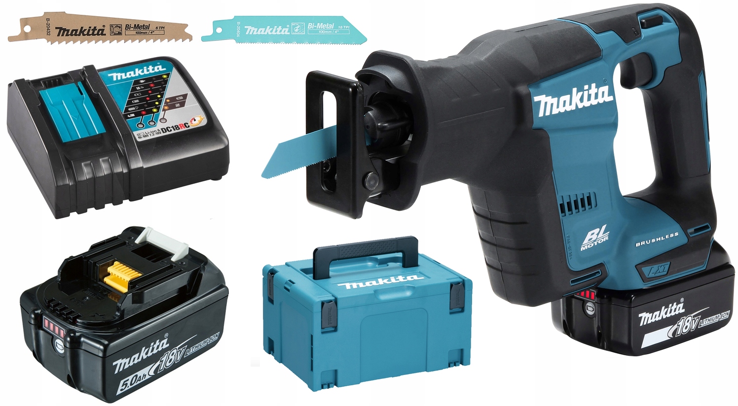 DJR188RTJ Akumulatorowa piła posuwowa 2x5,0Ah+DC18RC+MAKPAC Makita