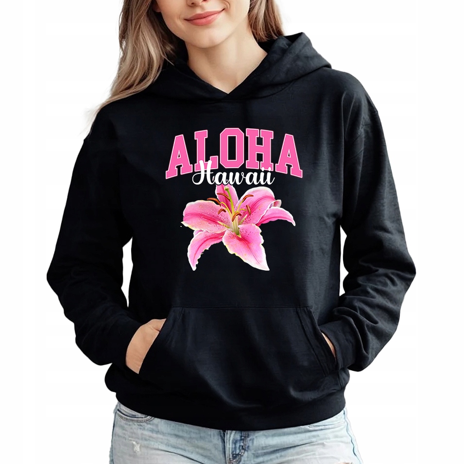 Mikina S Kapucí Černá bavlněná mikina Flower Aloha Hawaii XL