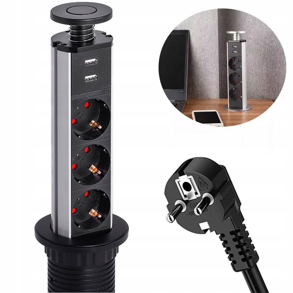 Prodlužovací Kabel stolní zapuštěný 60 mm, 3 zásuvky 2 Usb W, Desková Deska