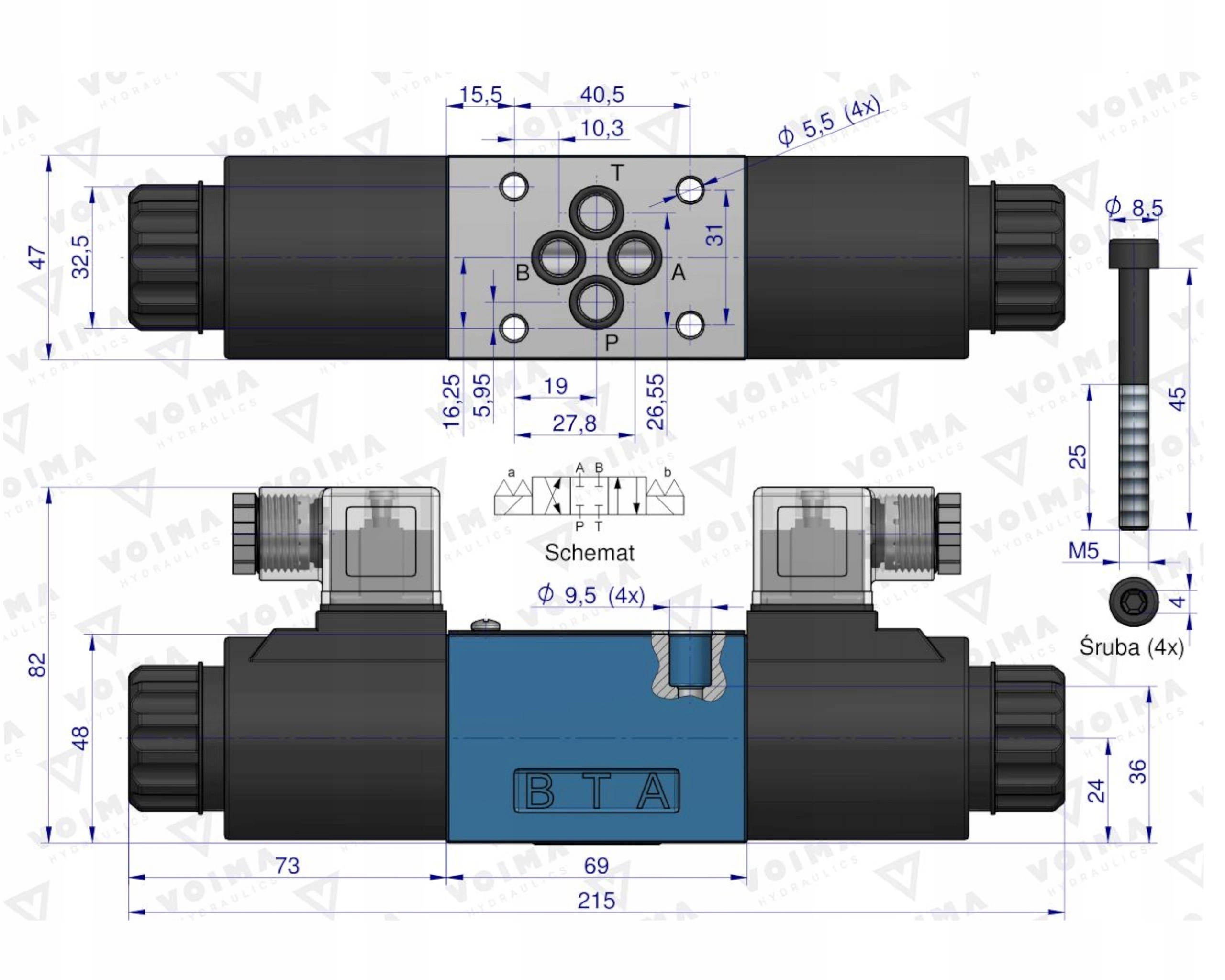 Rozdělovač elektroventil 3-polohový 50L posuvník "e" cívky x2 12V Voima