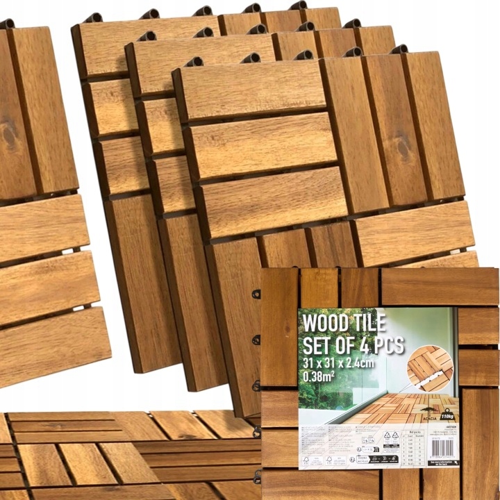 11 Kusů Dřevěné Dlaždice Panel Terasa Balkon Akácie Tlusté 31x31x2,4 D4