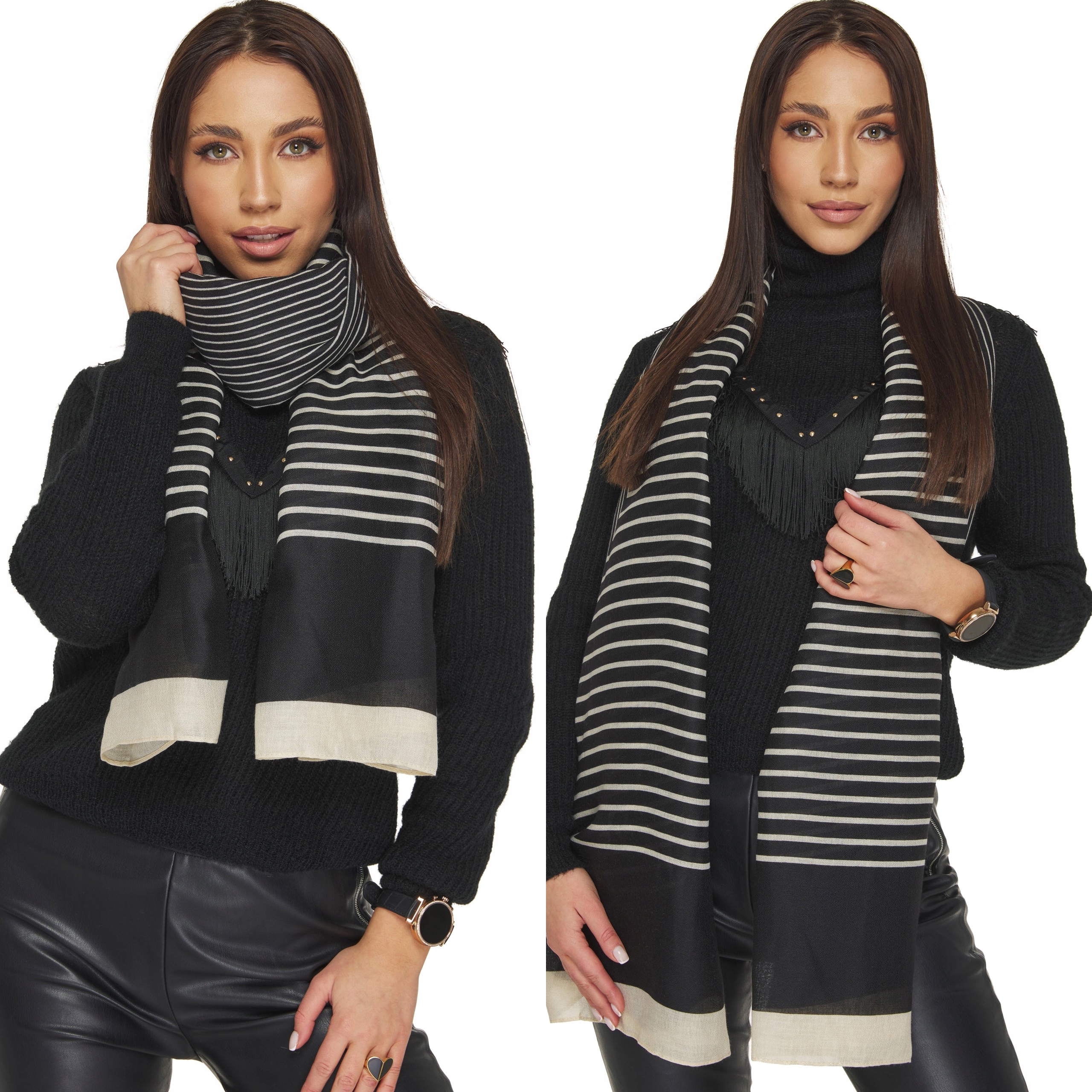 SZAL SZALIK DAMSKI print wzór w paski czarny beż