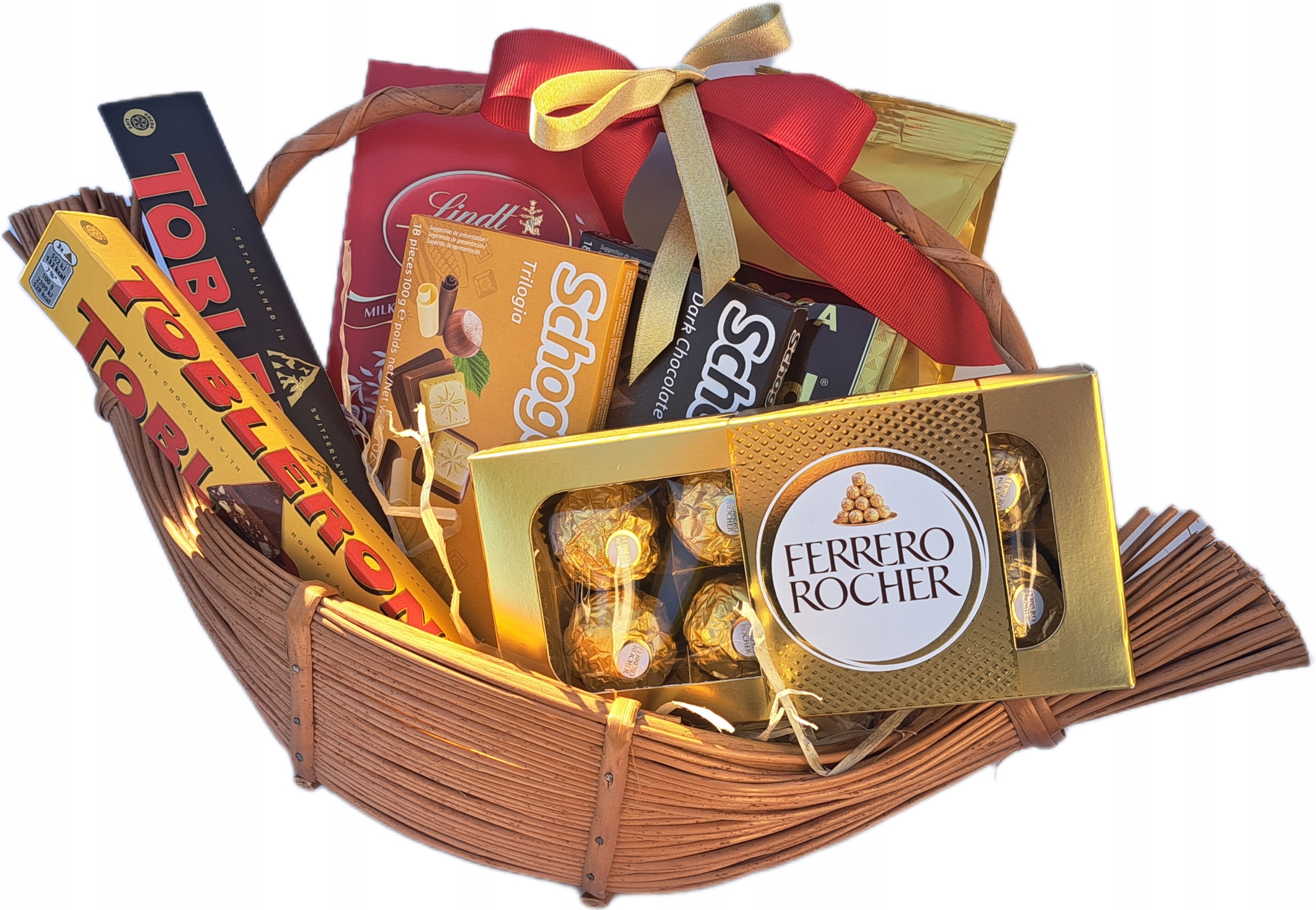 Dárkový koš káva, Lindt, sladkosti zabalené v proutěném koši Woseba
