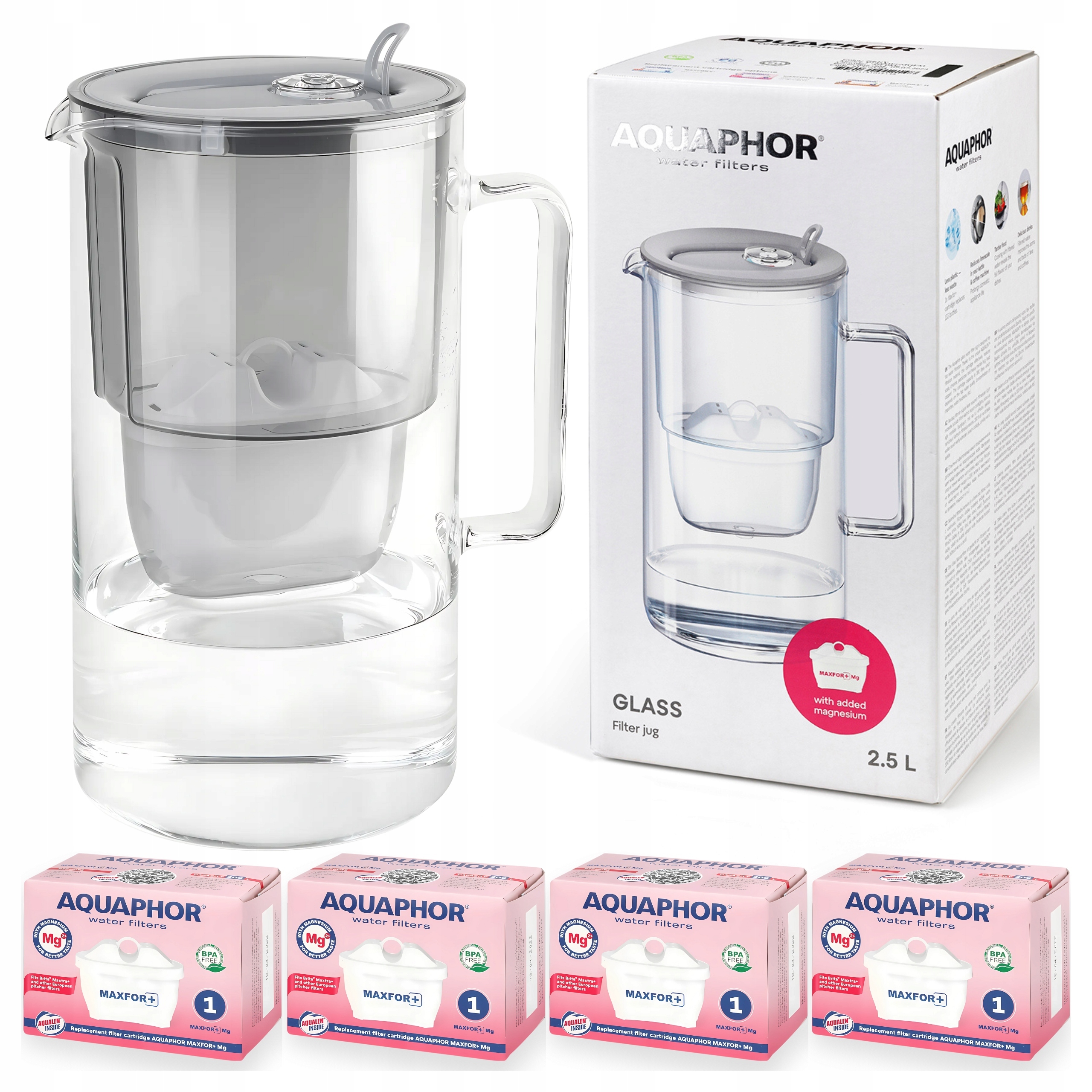 Filtrační konvice Aquaphor Glass šedého skla 4 Hořčík filtry Maxfor Mg