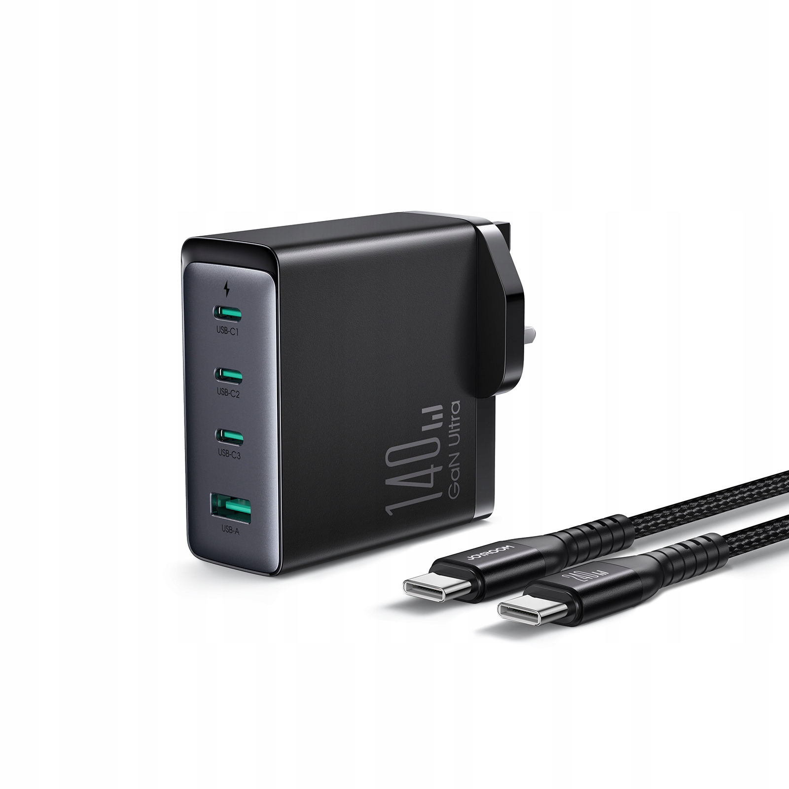 Síťová nabíječka GaN 140W anglická zástrčka Uk 3x Usb-c Usb-a kabel Usb-c