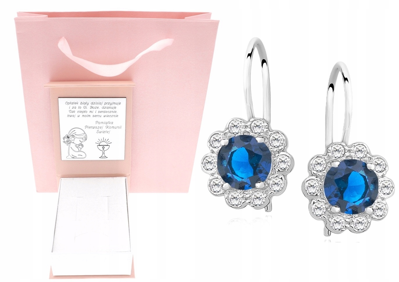 Stříbrné náušnice dětské modré zirkon Svaté Přijímání Křest Roček Gravírování