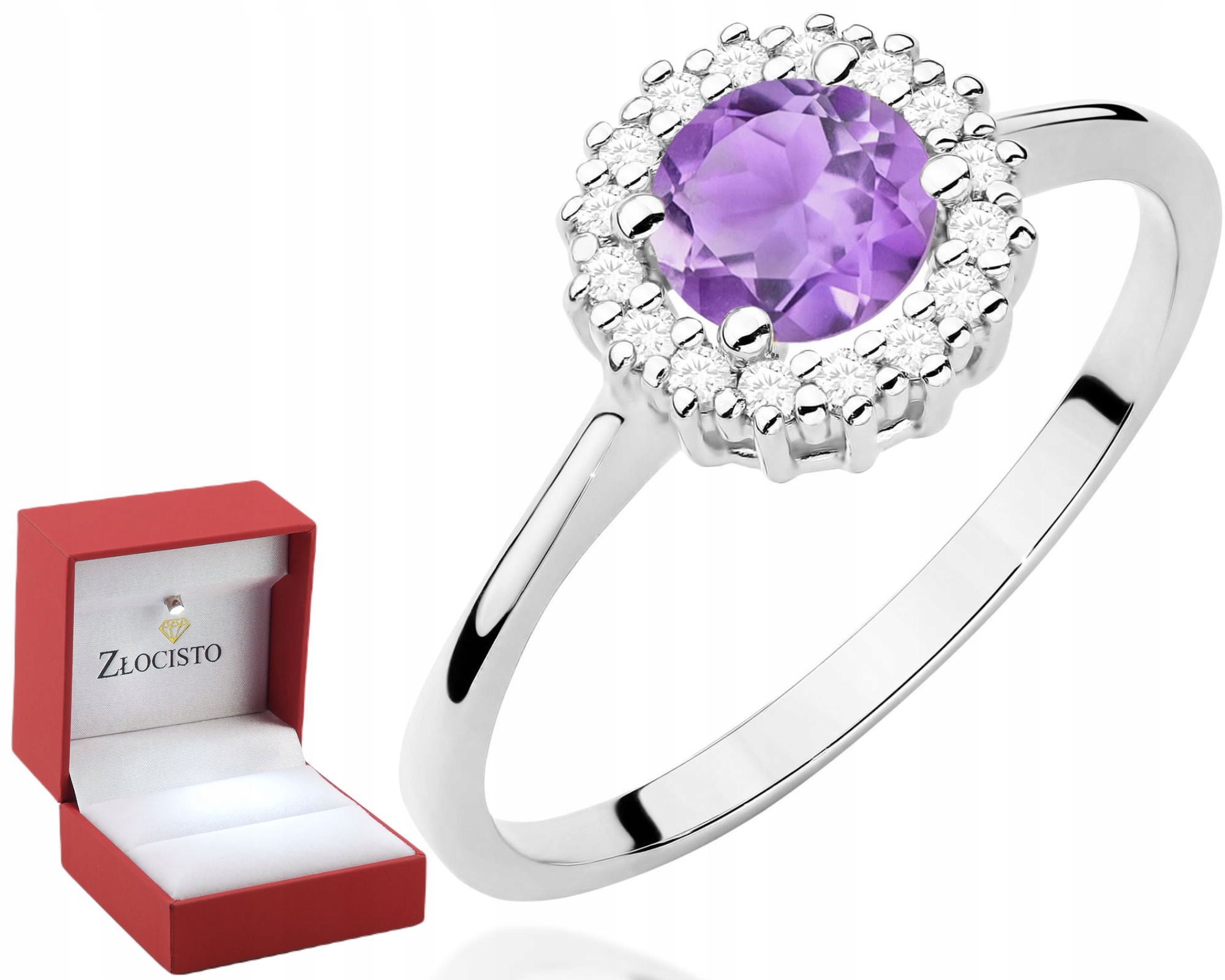 Prstýnek Ametyst Brilianty Bílé Zlato Gravírování Bonus 585 Dárek