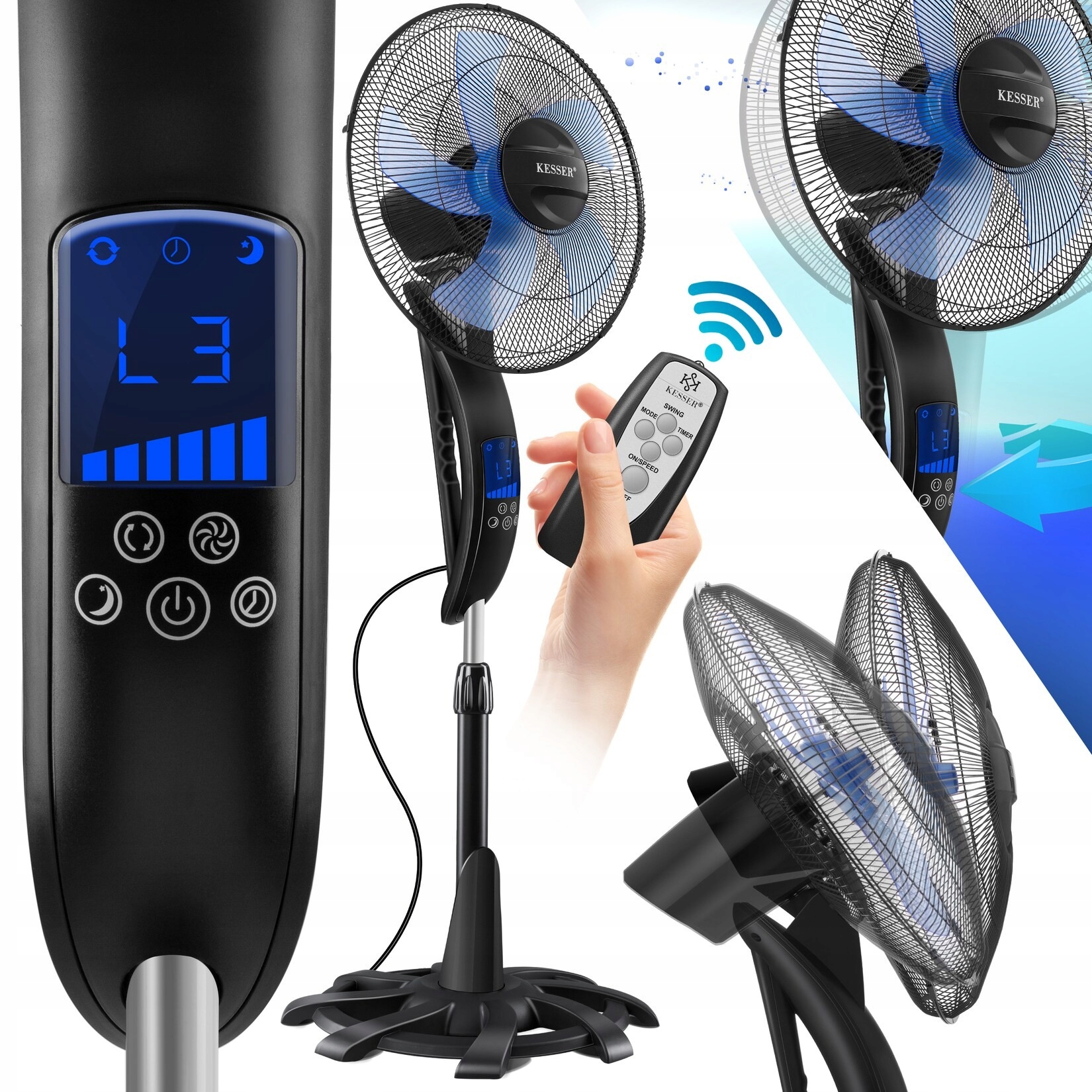 Stojanový ventilátor s ovladačem s funkcí oscilace 3 rychlostí a noční 125-135 cm