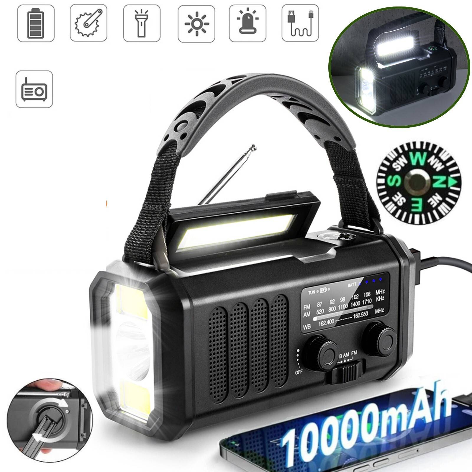 Přenosné Solární Rádio Korbka Alarm Dynamo Nouzová Svítilna 10000 mAh