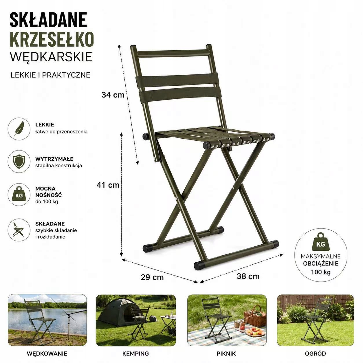 Fispin Krzesło Kempingowe Składane Do Ogrodu i Na Ryby