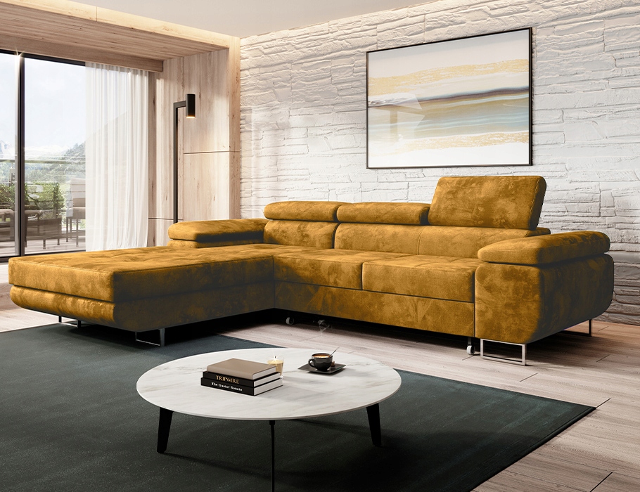 Komfortní levý rohová sedačka na spaní Norberg, hořčicová barva.
