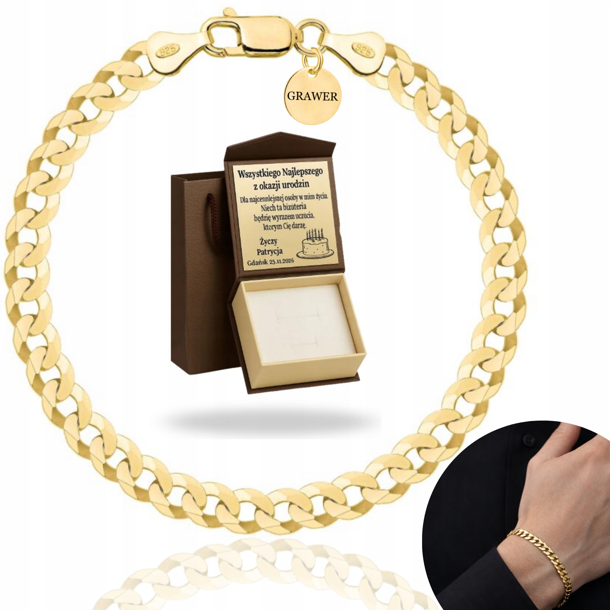 Zlatý Plný Pánský Náramek Pancéřový Masivní Ryzost 925 Gravírování Bonus
