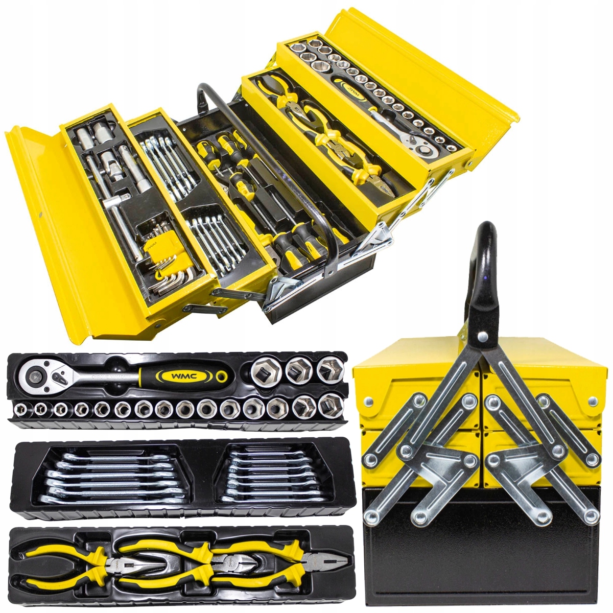 Skříňka na nářadí, klíče, nástavce, šroubováky, ráčna, 87 ks. Wmc