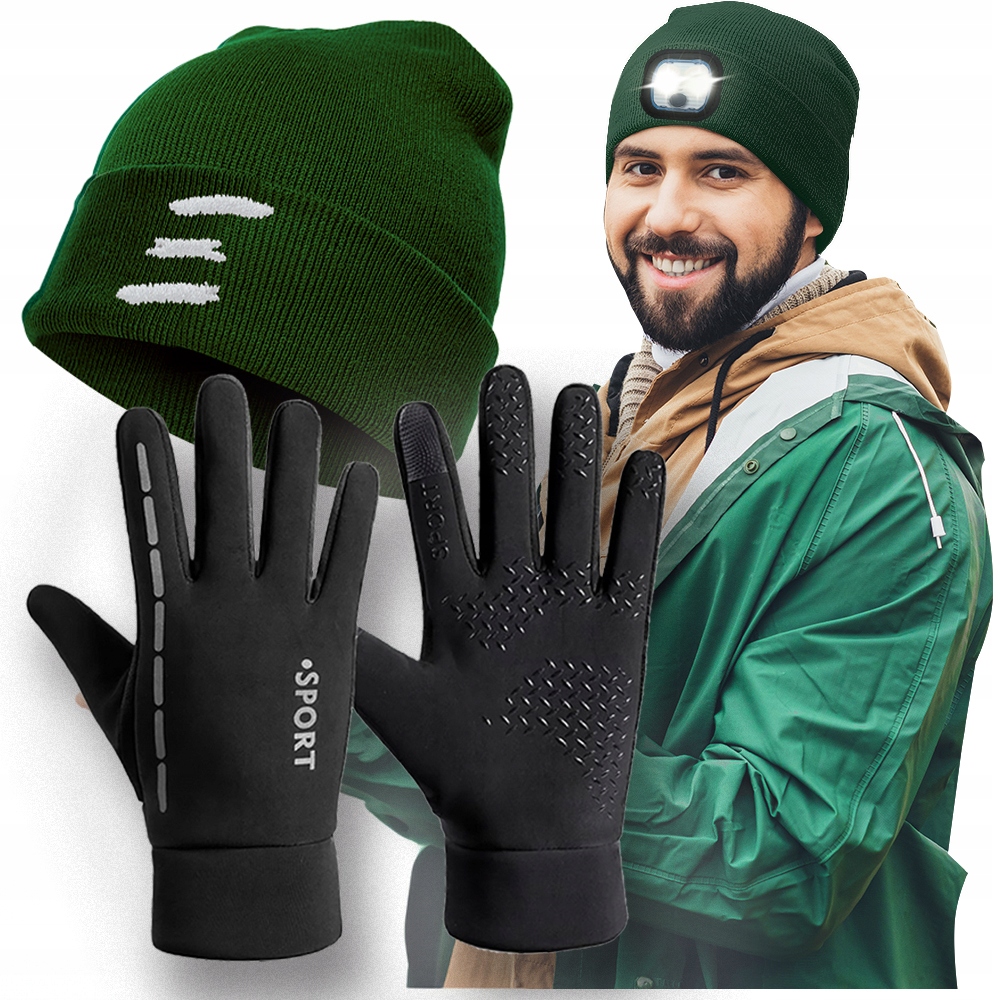 Czapka DLA MĘŻA CHŁOPAKA Z ODBLASKIEM ŚWIATEŁKIEM LED+RĘKAWICZKI DOTYKOWE