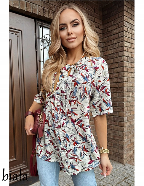BLUZKA DAMSKA KRÓTKI RĘKAW wiązany dekolt modny print wzory Model 8993#