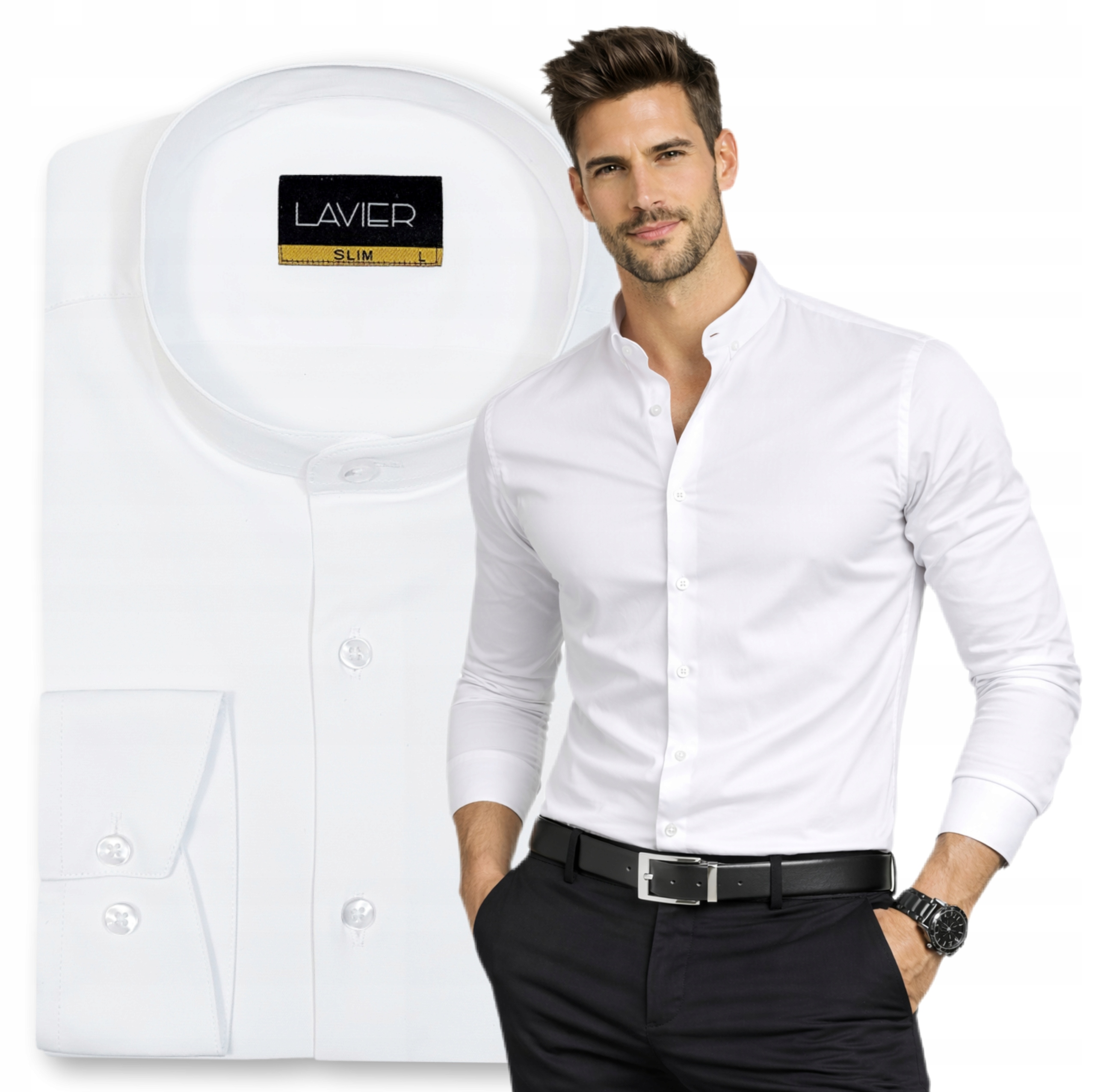 Pánská košile Stójka Lavier bílá – elegantní, Slim Fit, bavlněná vel.