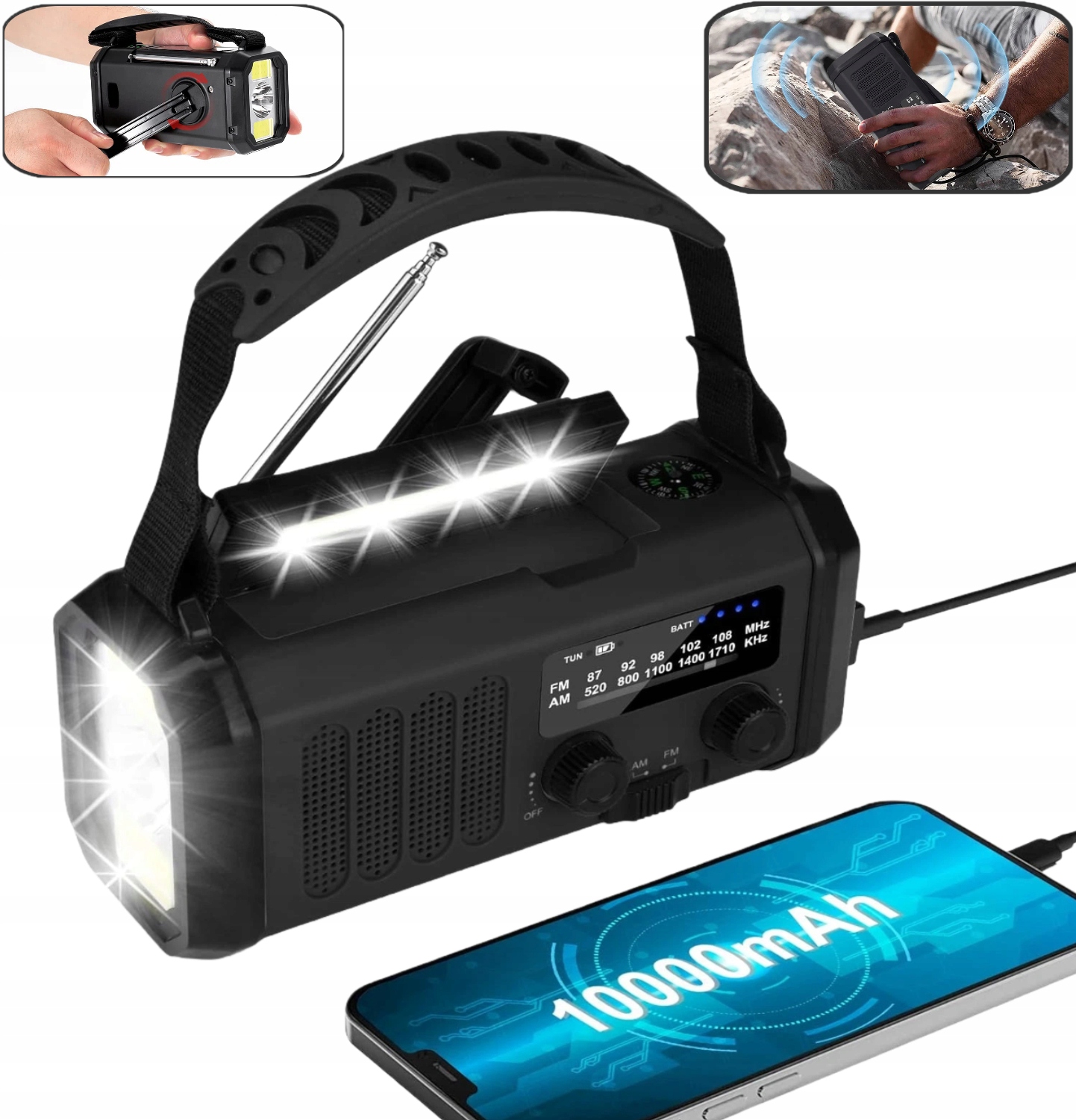 Přenosné Solární Rádio Klika Alarm Dynamo Nouzová Svítilna Černá