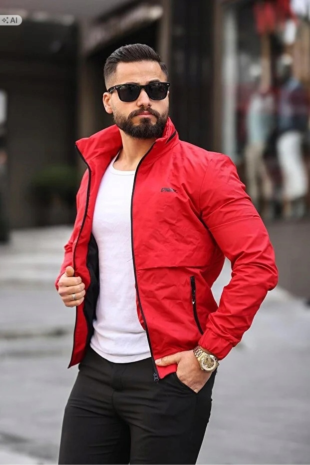 Pánská Sportovní Bunda Červená Z Hladké Tkaniny S 5IA