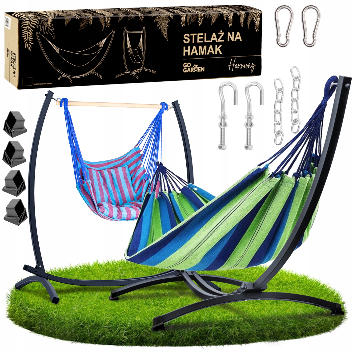 Hamak ze stelażem ogrodowy dwuosobowy stojak grafit boho fotel wiszący 2w1