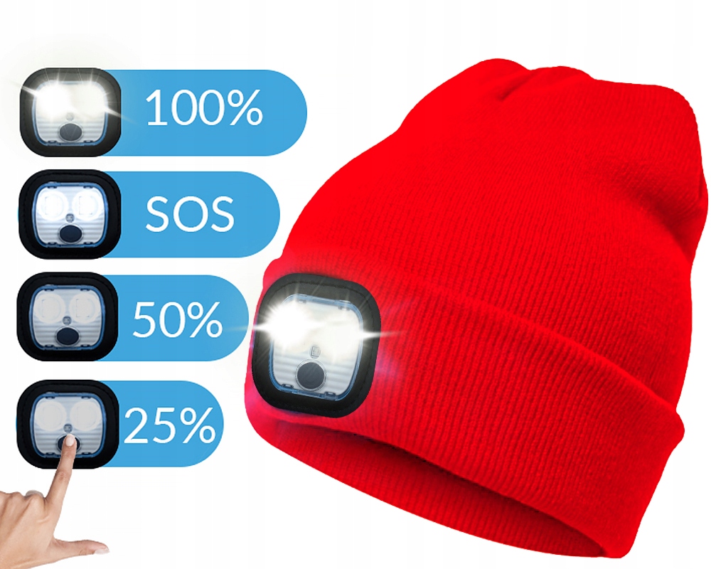 Czapka DLA MĘŻA CHŁOPAKA Z ODBLASKIEM ŚWIATEŁKIEM LED+RĘKAWICZKI DOTYKOWE Średnica 55 cm