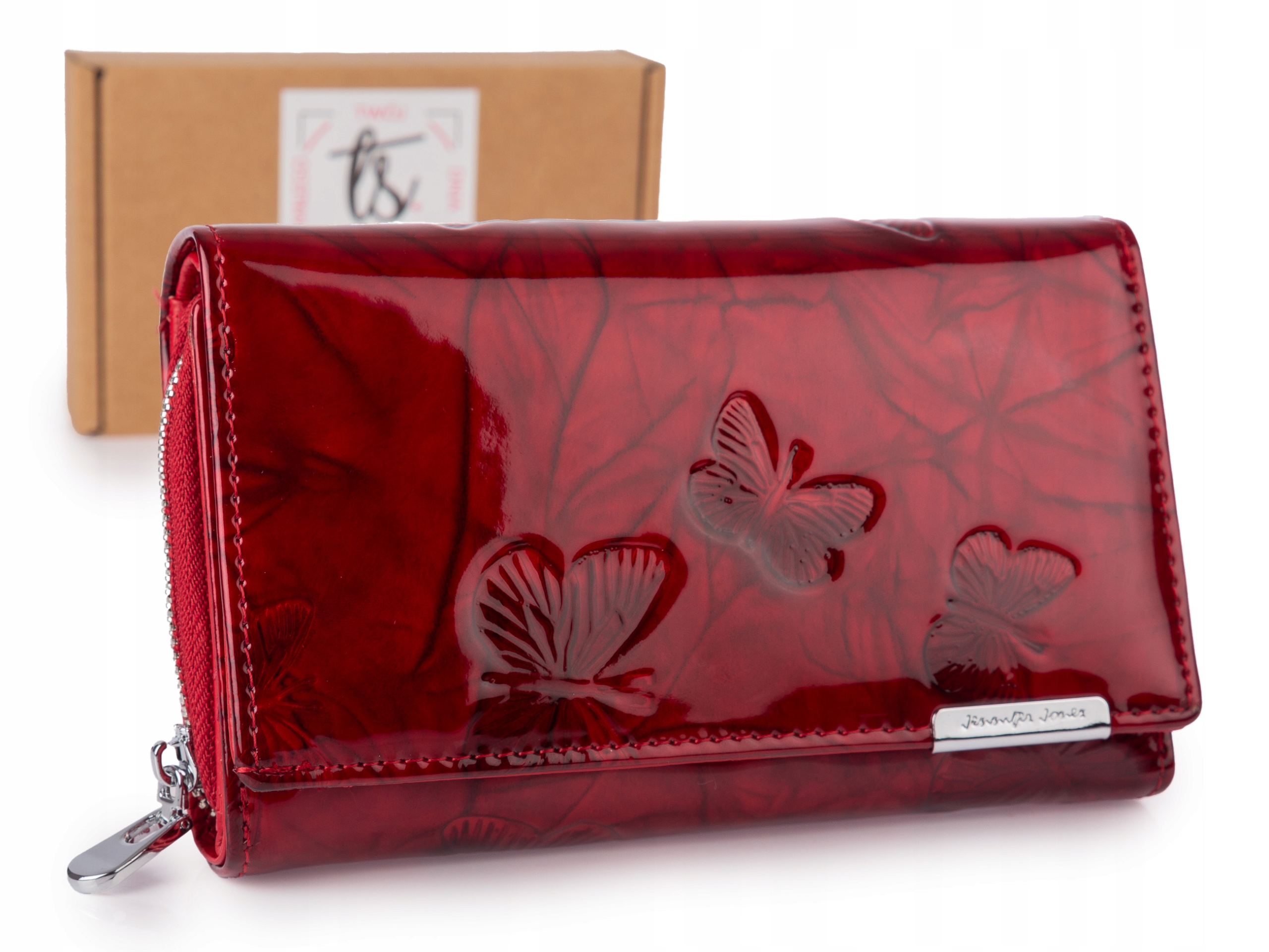 Velká červená lakovaná dámská peněženka s motivem motýlků, přírodní kůže