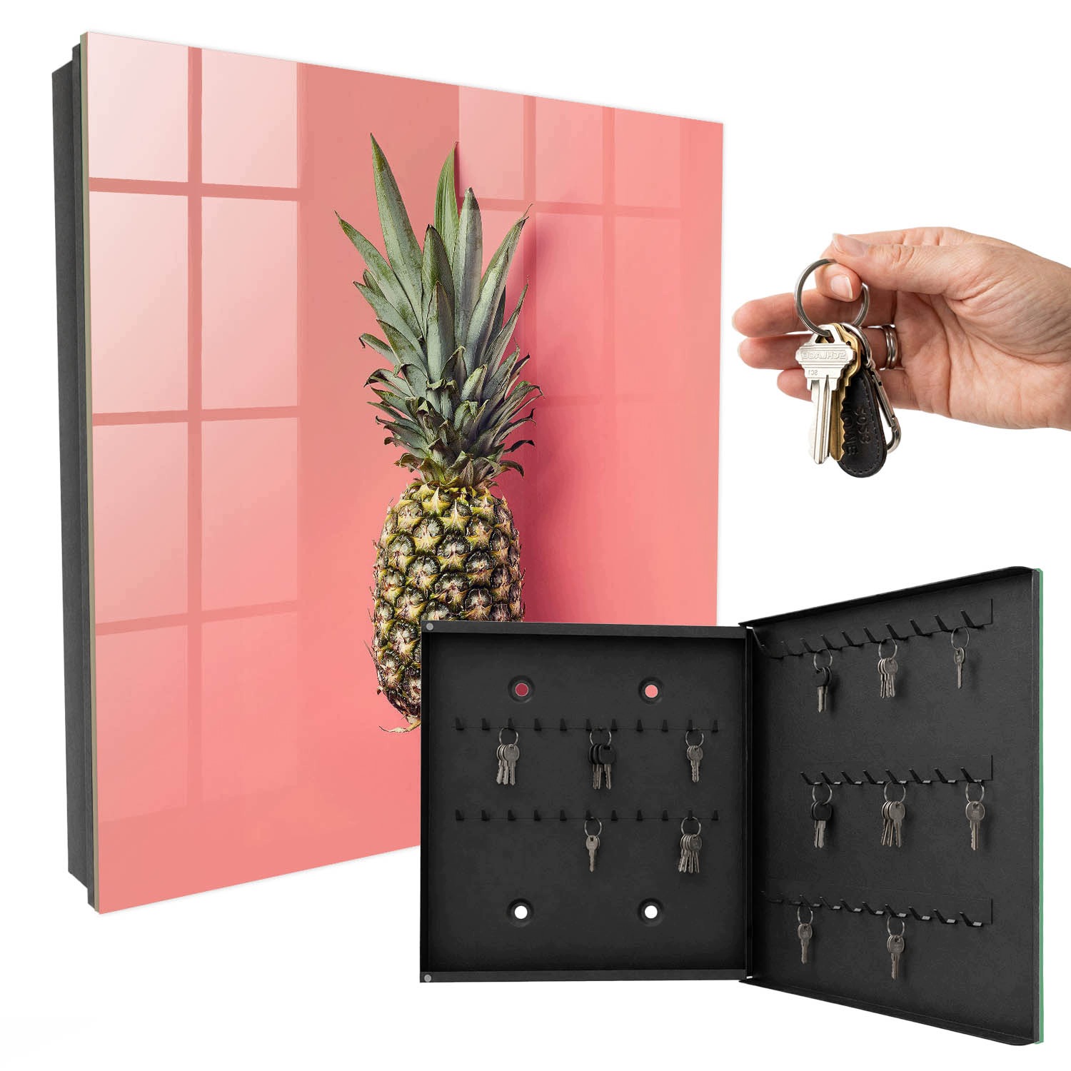 Skříňka na klíče s obrazem na skle Exotický Ananas Černá pravá 30x30 cm