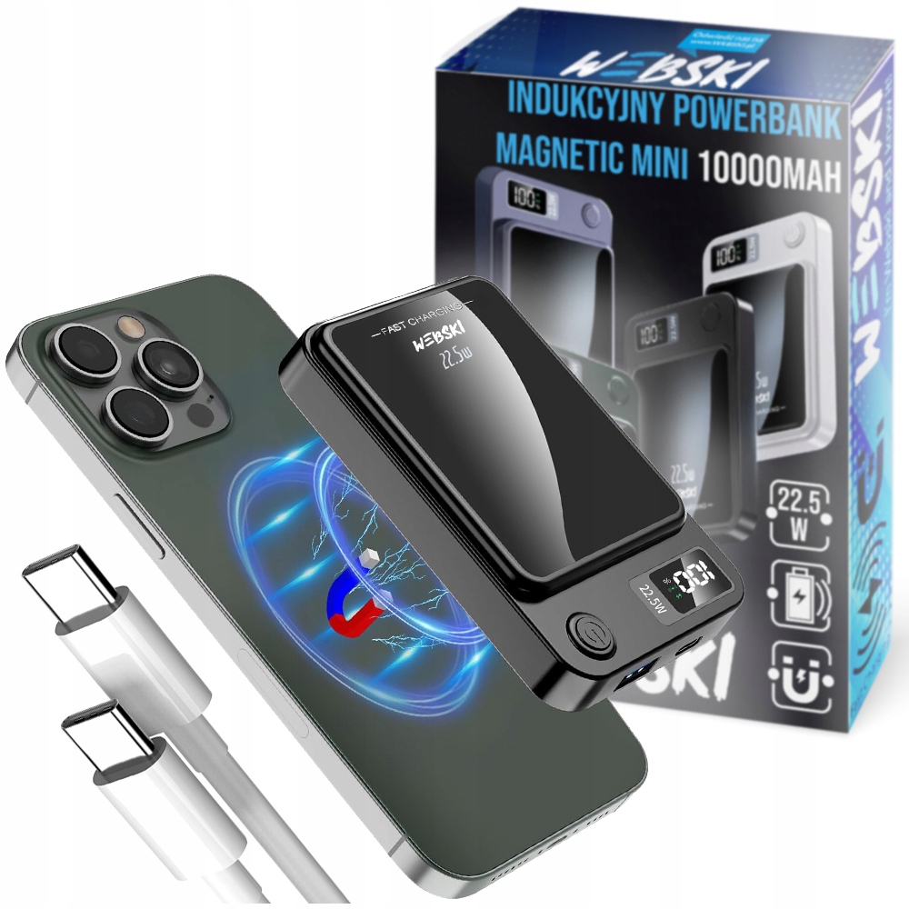 Power Bank 10000 Kabel Usb Usb-c 22,5W Do Telefonu Magnetyczny Indukcyjny
