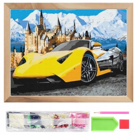 Haft Diamentowy 5D Mozaika Ramka Żółte Sportowe Auto Na Tle Zamku
