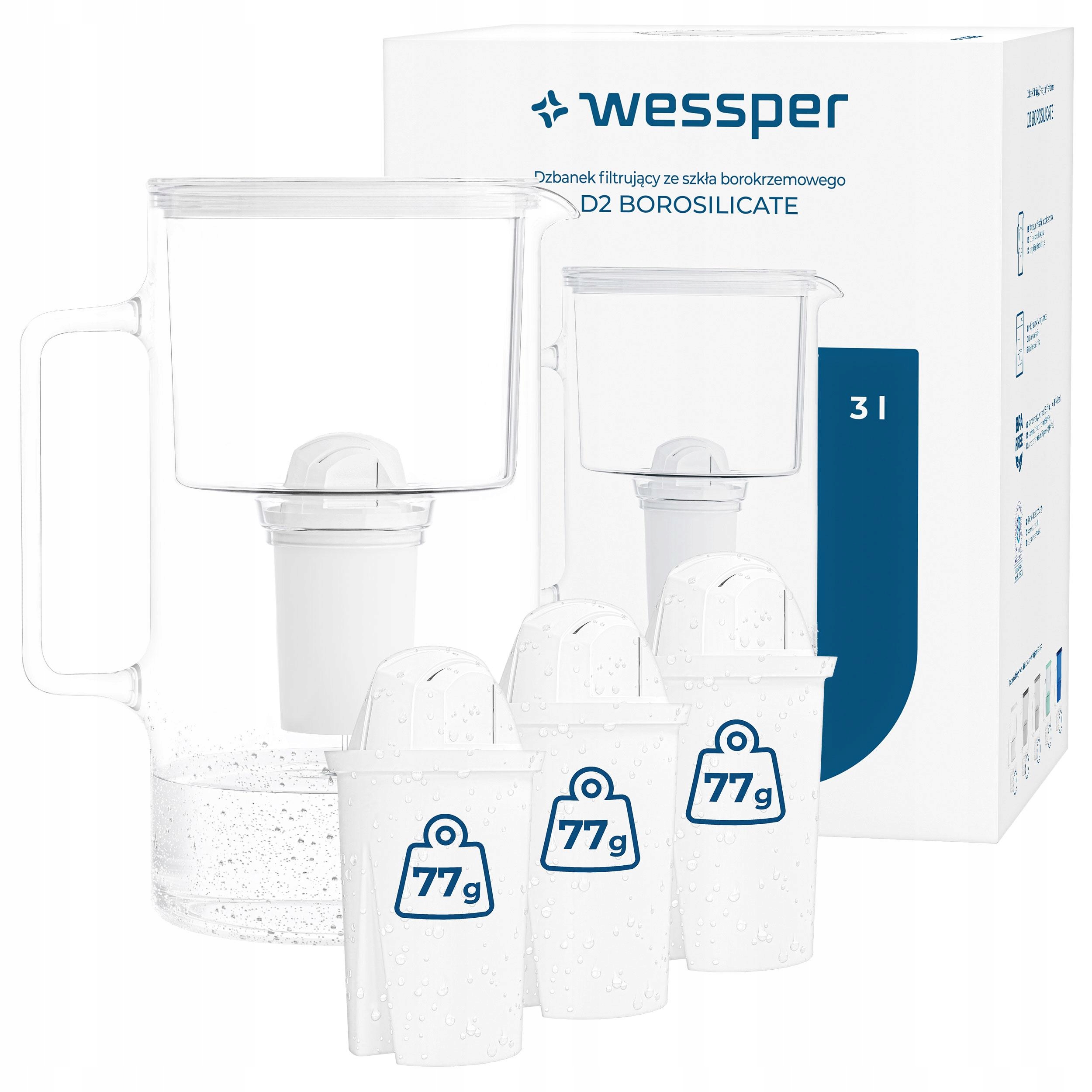 Dzbanek filtrujący szklany Wessper 3l Biały 4x Filtr aquaclassic