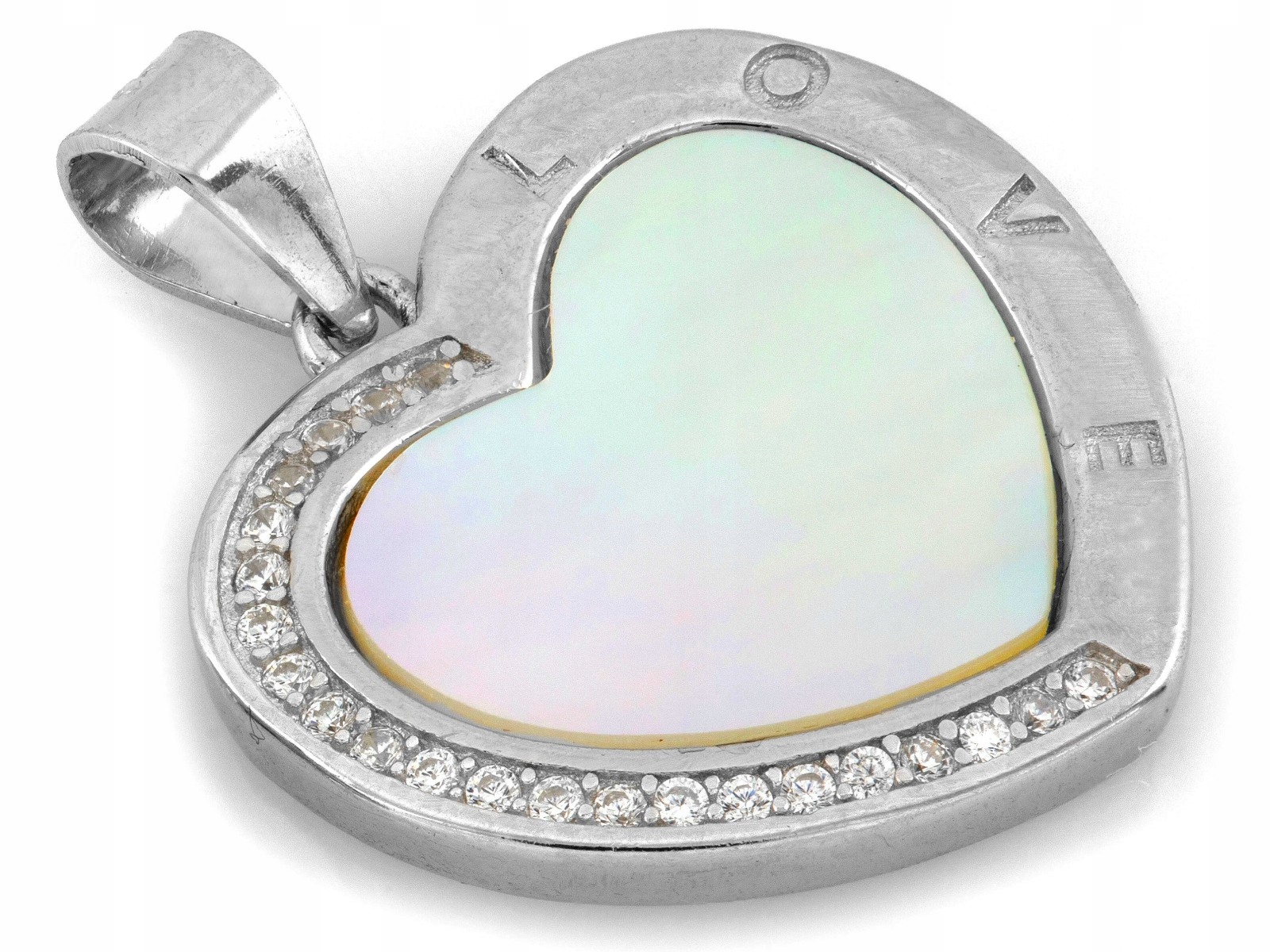Stříbrný přívěsek 925 srdce se zirkony perleťová hmota 2.38 g 18 mm stylový