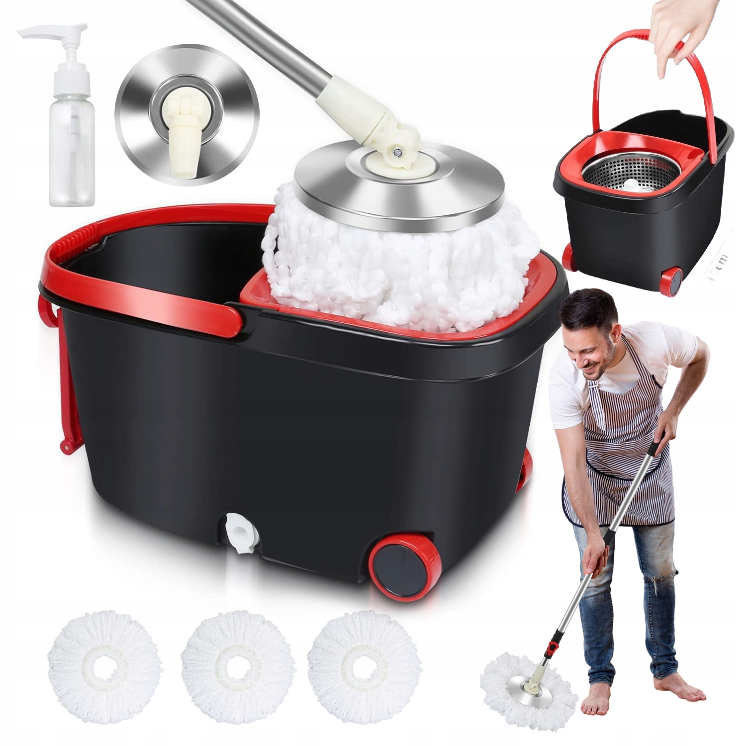 Levně Rotační Mop S Kbelíkem 7,5L Rotační Odšťavňovač Kulatý Dávkovač 3 Nástavce