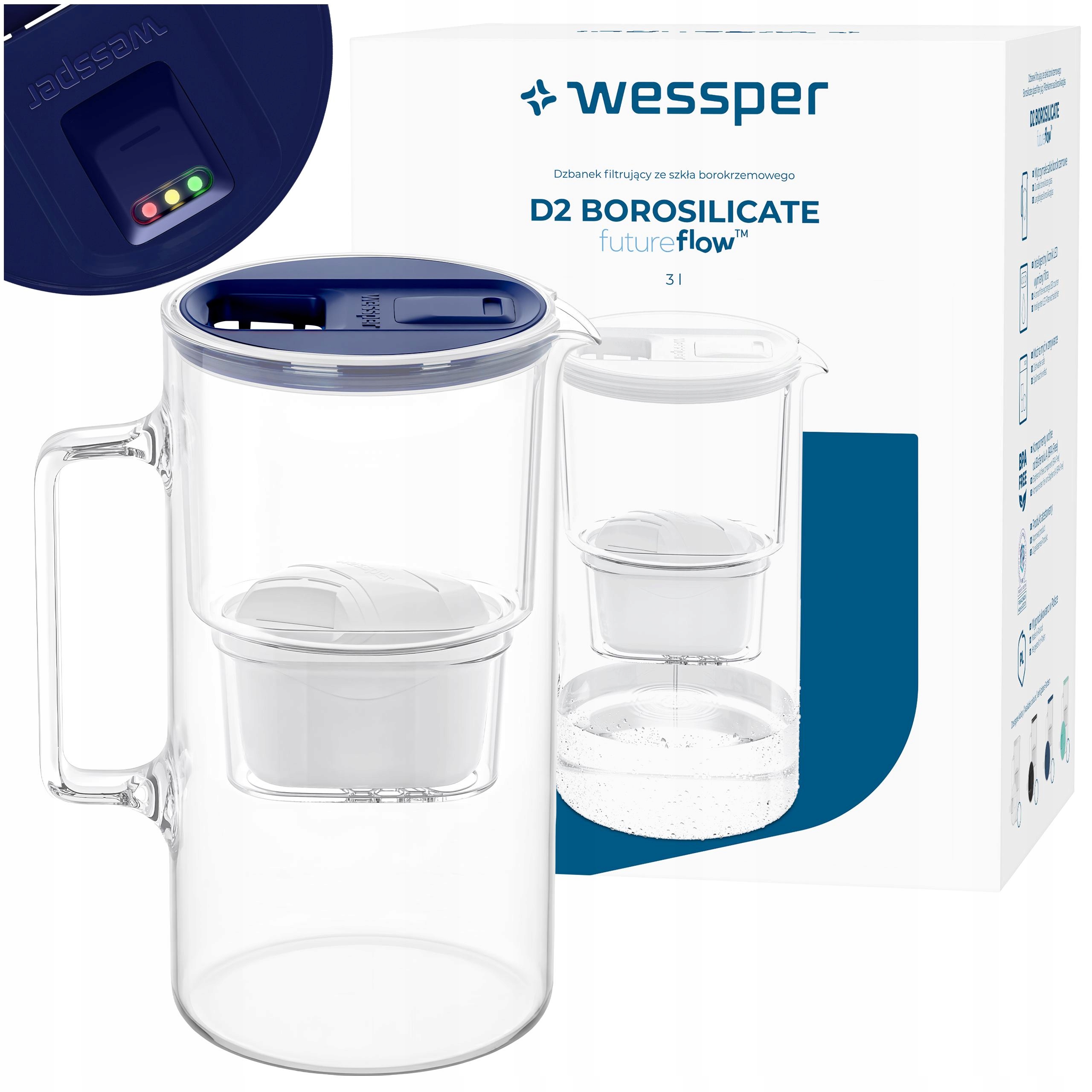 Skleněná filtrační konvice Wessper D2 Borosilicate 3 l futureflow filtr