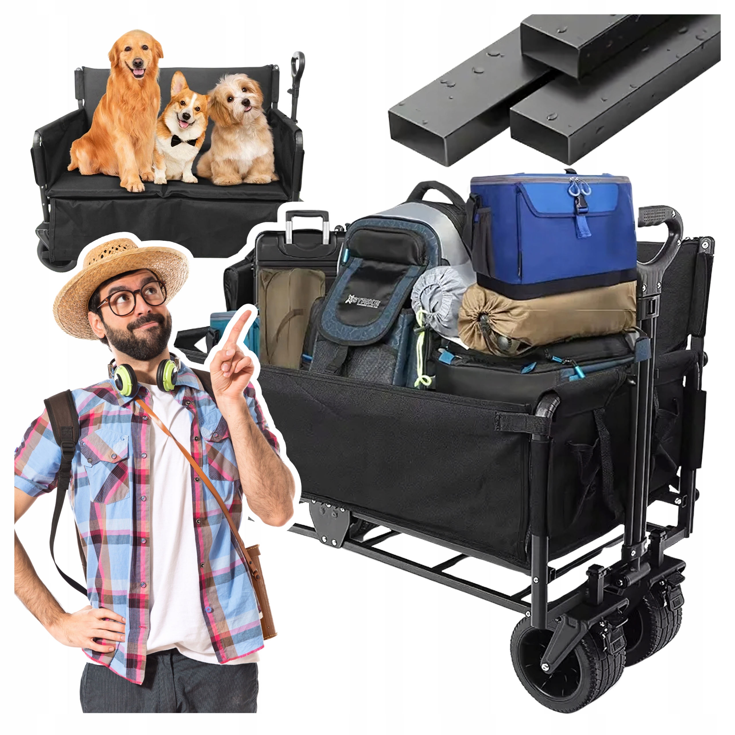 Składany wózek turystyczny XL z siedziskiem i dużymi kołami na plaże ogród