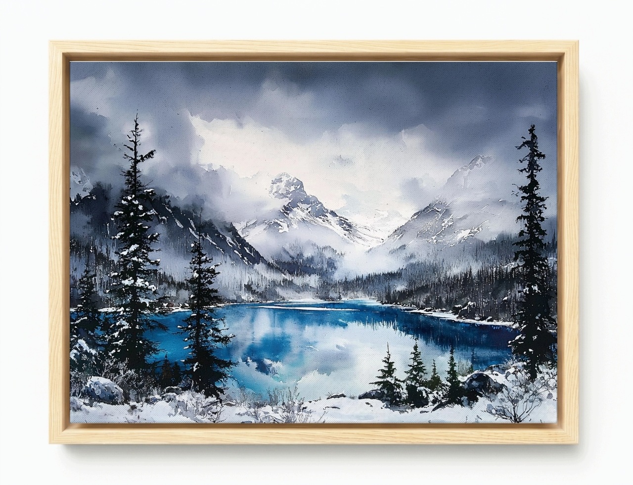 Obraz Rama American Box Krajina Hory Vrcholy Jazero Zima Sneh Hmla 80x60