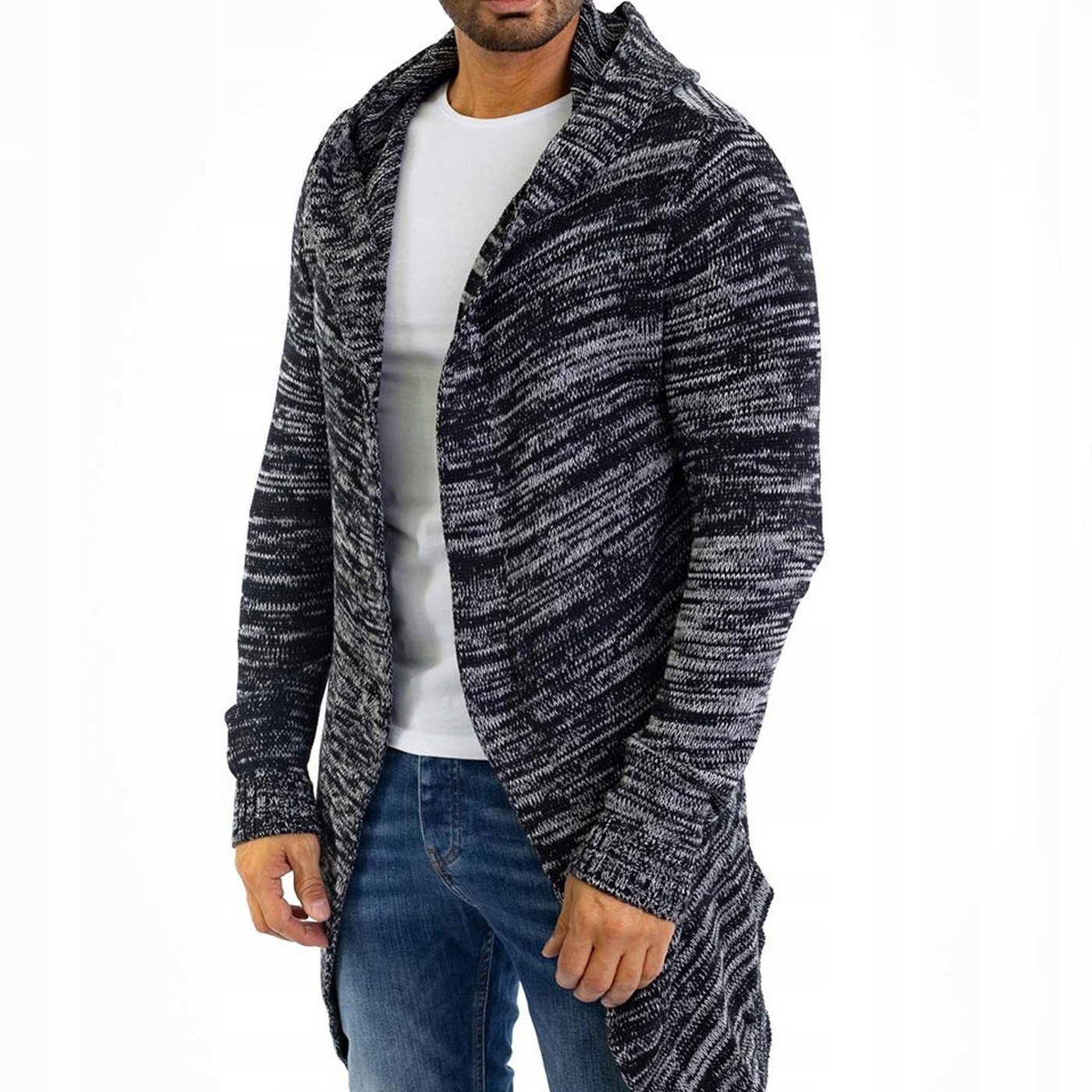 Přehoz Dlouhý svetr s kapucí Kabát Mazaný melír