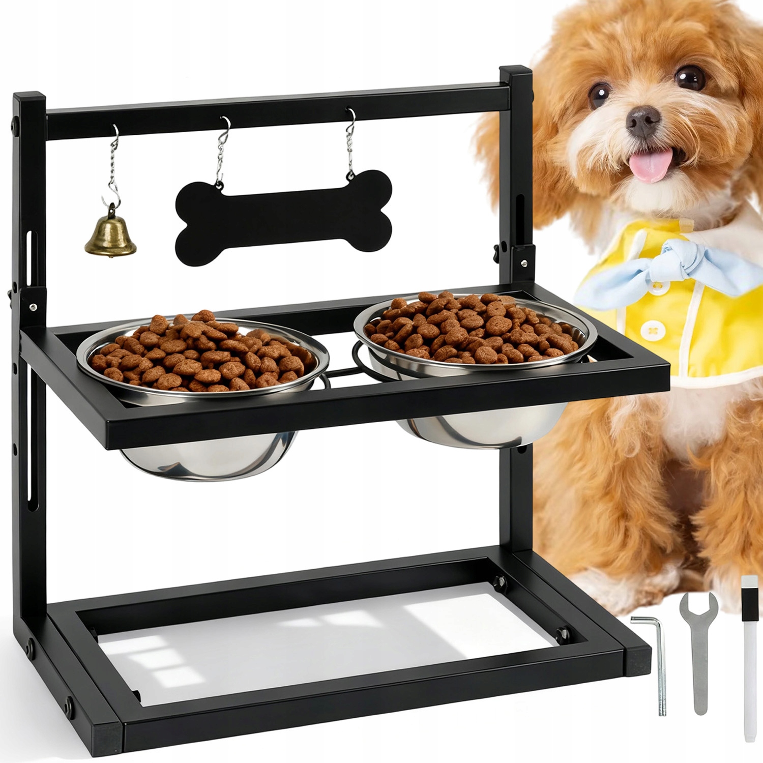 Levně Miska Pro Psa 2V1 Na Stojanu, Dvojitá, Stojící, Nastavitelná, Nerez