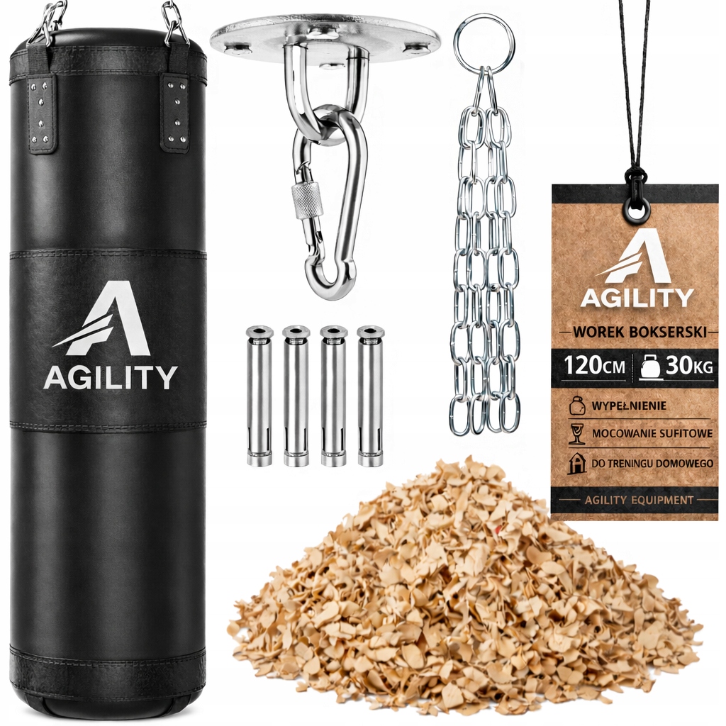 Worek Bokserski Treningowy 120cm 30kg Pełny z Wypełnieniem Uchwyt Agility