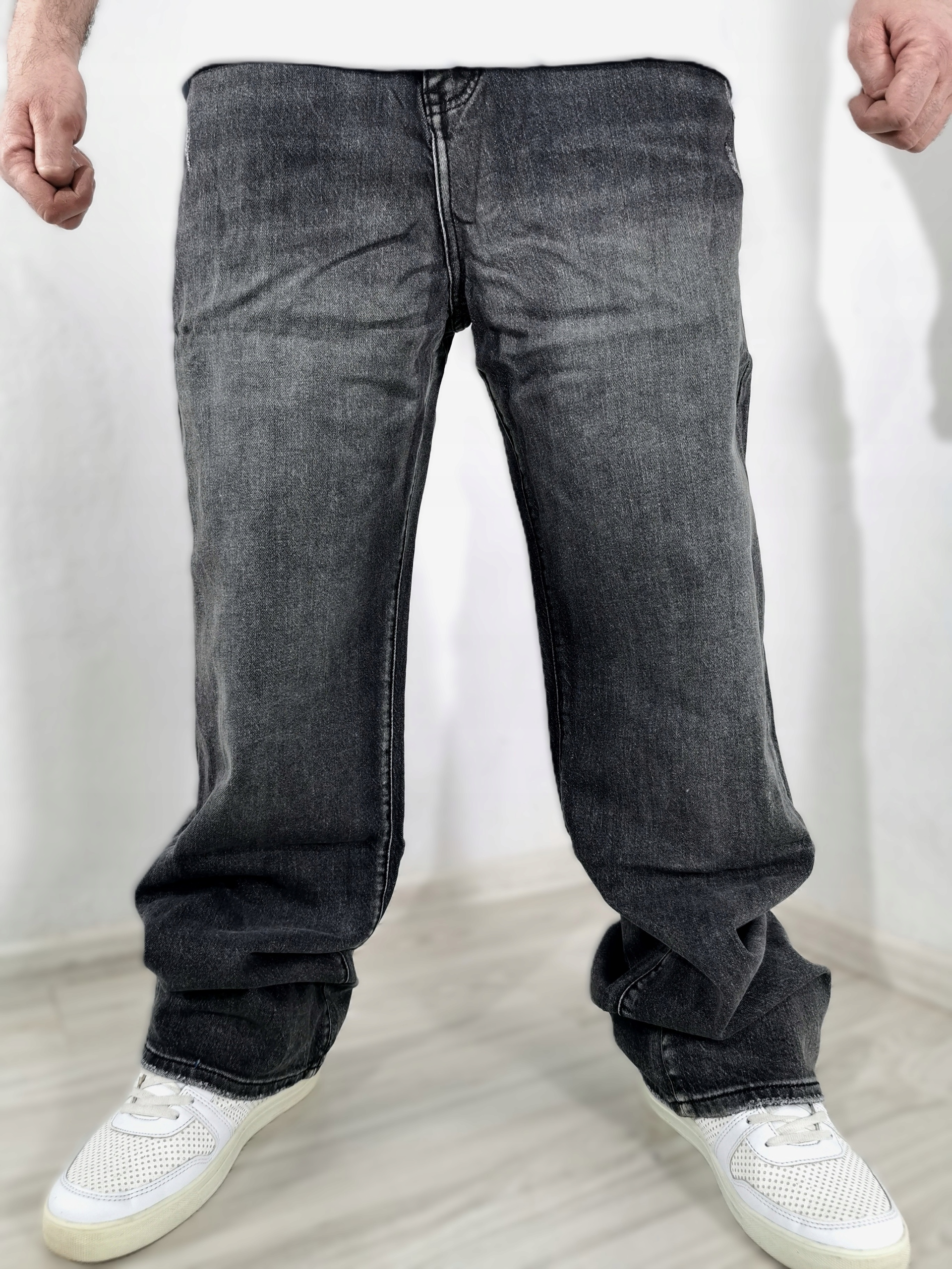 Pánské džínové kalhoty typu cargo s širokými nohavicemi, baggy, šedé, grafit, stírané 31