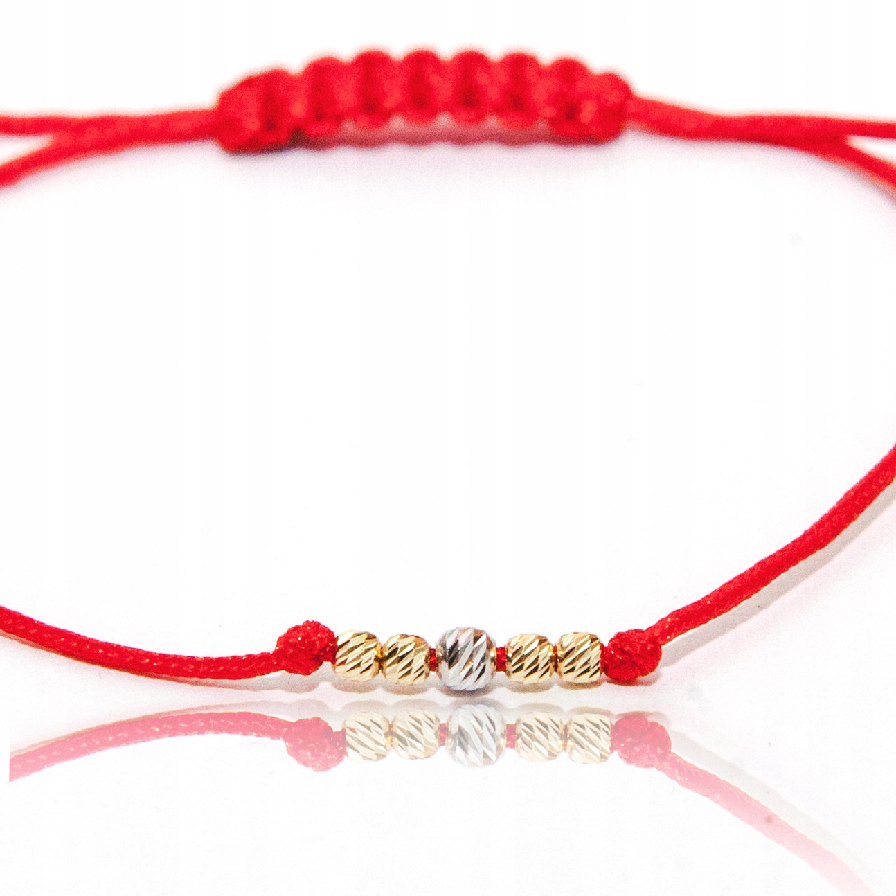 Bransoletka złota na sznurku kuleczka x5 złoto 585 białe czerwona szczęście