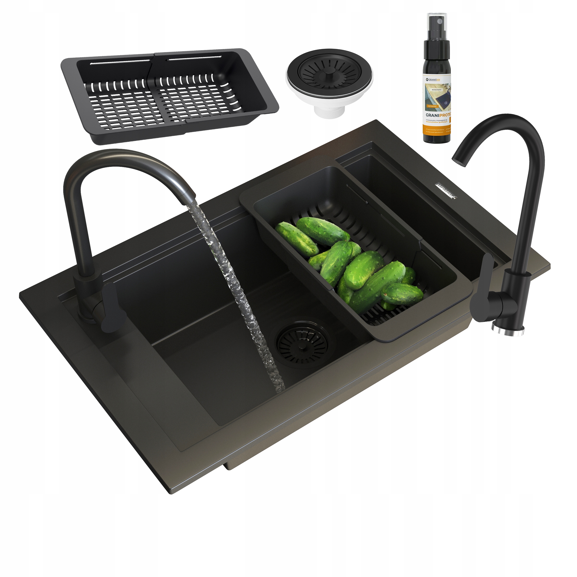 Jednokomorový Dřez Černý Panama Set Baterie Sifon Košík Deska