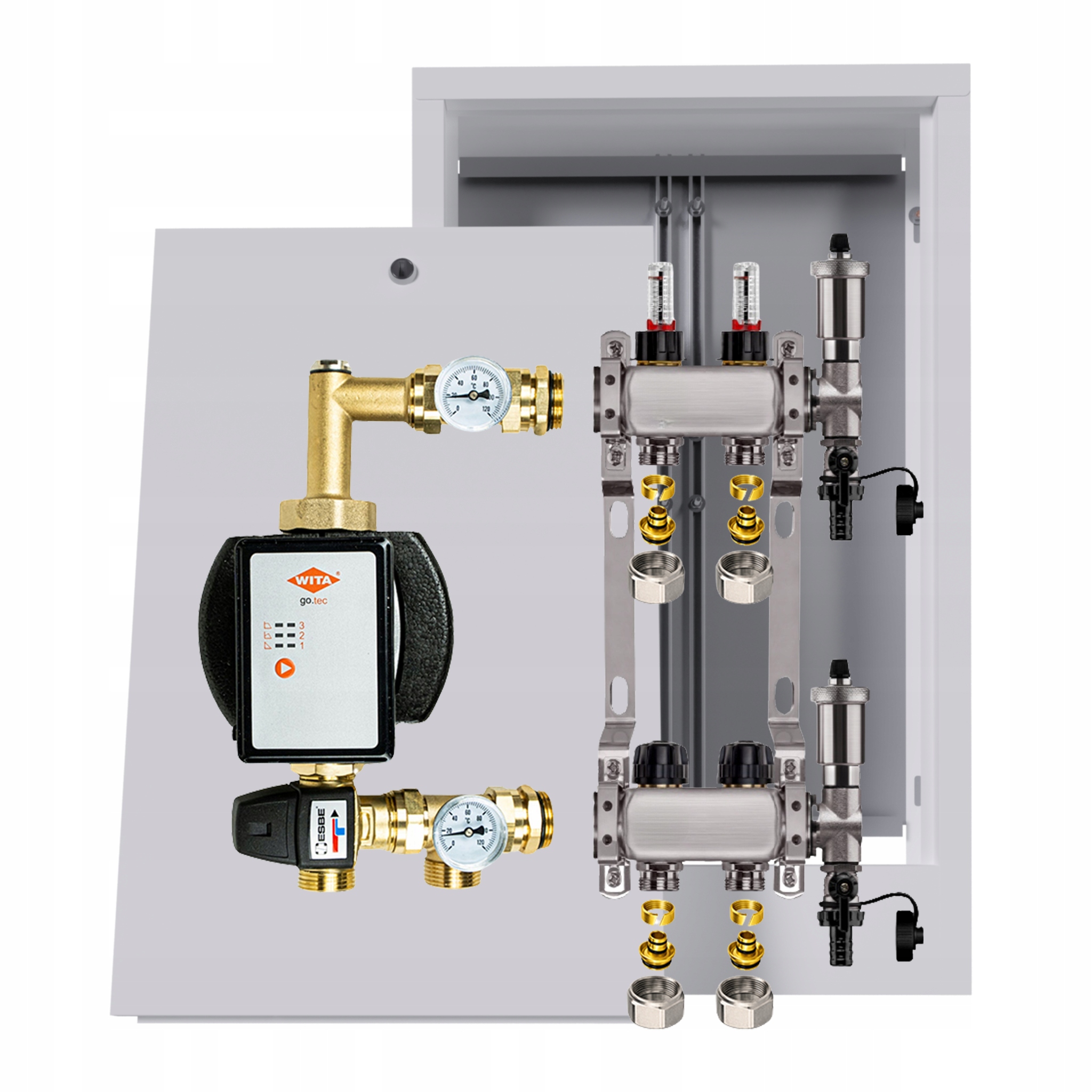 Rozdělovač pro podlahovku nerezový 2 okruhy s čerpadlem Wita box +pex