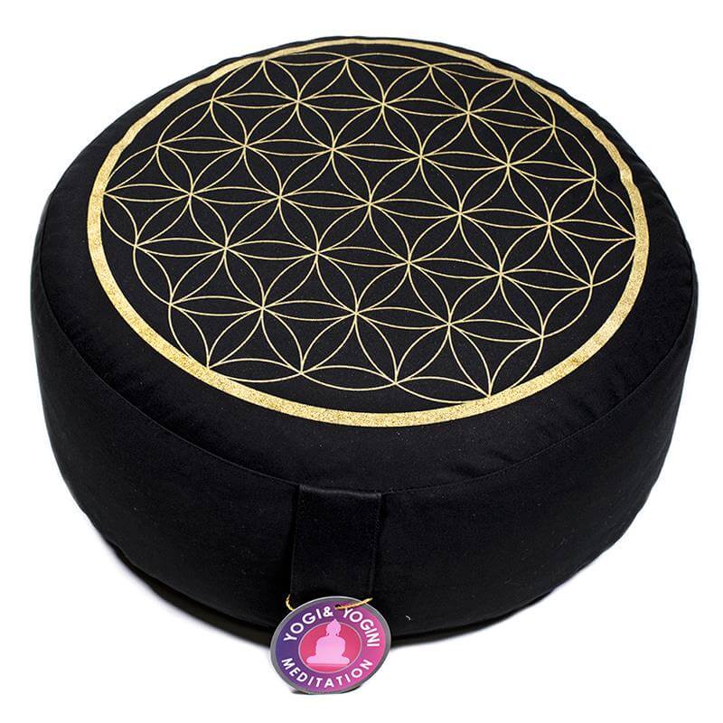 Polštář pro meditaci Květ života černá, organická bavlna